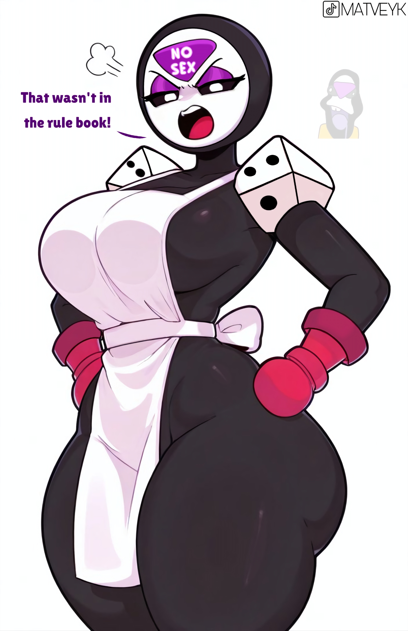 ai generated, black body, brawl stars, curvy, dark-skinned female, female, female only, meeple (brawl stars), naked, naked apron, non-human, rule 63, solo, tagme, white mask, wide hips