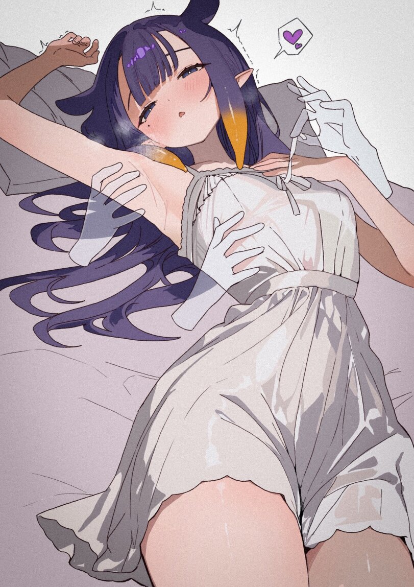 1girl, armpit, blushing profusely, female, heavy breathing, hololive, hololive english, lying on back, ninomae ina'nis, petite body, pointy ears, pulling clothing, small breasts, thin waist, virtual youtuber, visible breath, vtuber, wet clothing