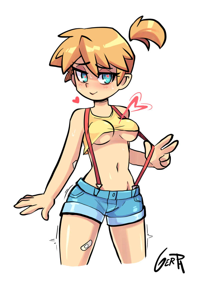 breasts, cleavage, female, female only, gerph, heart-shaped pupils, higher resolution available, human, human only, kasumi (pokemon), looking at viewer, nintendo, pokemon, solo, underboob