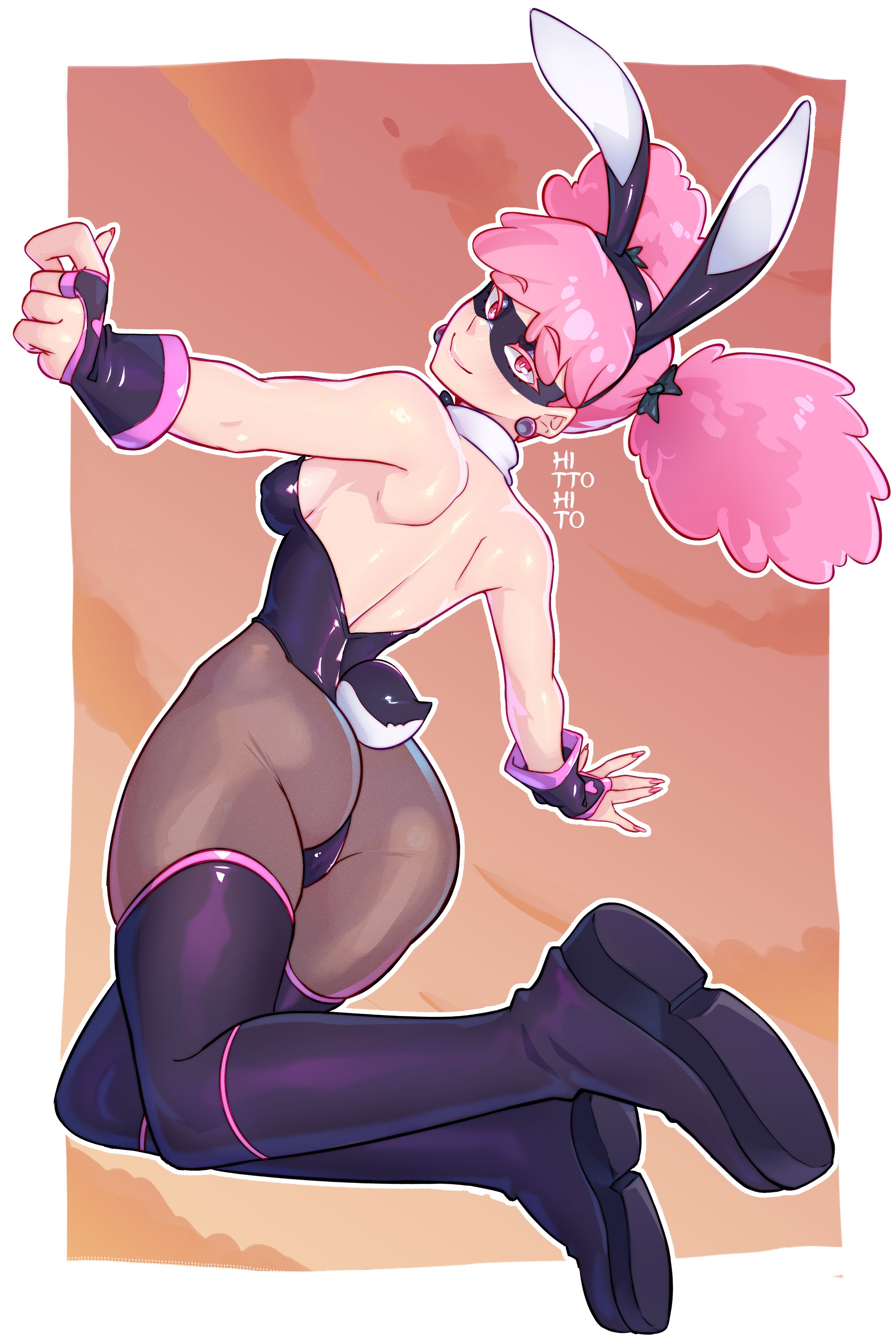1girls, bunny ears, bunny girl, bunny tail, bunnysuit, haneyama kazuho, kazuho haneyama, my hero academia, pantyhose, pink eyes, pink hair, pop step, thighhighs, thighhighs over pantyhose, vigilante: my hero academia illegals