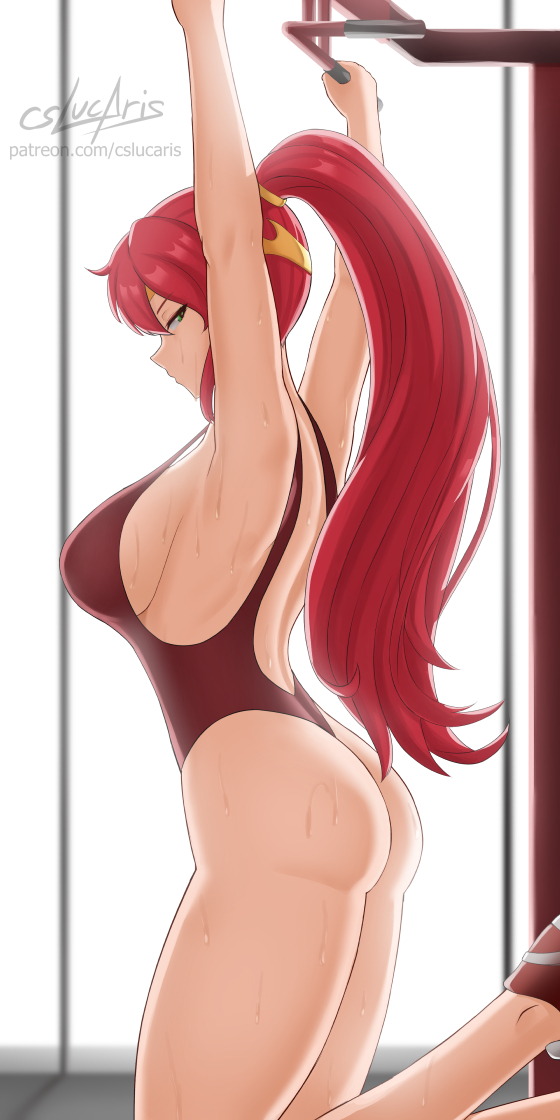 armpits, ass, breasts, bubble ass, bubble butt, circlet, cslucaris, exercise, female, green eyes, large breasts, long hair, looking at viewer, ponytail, pull ups, pyrrha nikos, red hair, rwby, side view, sweat, voluptuous, workout