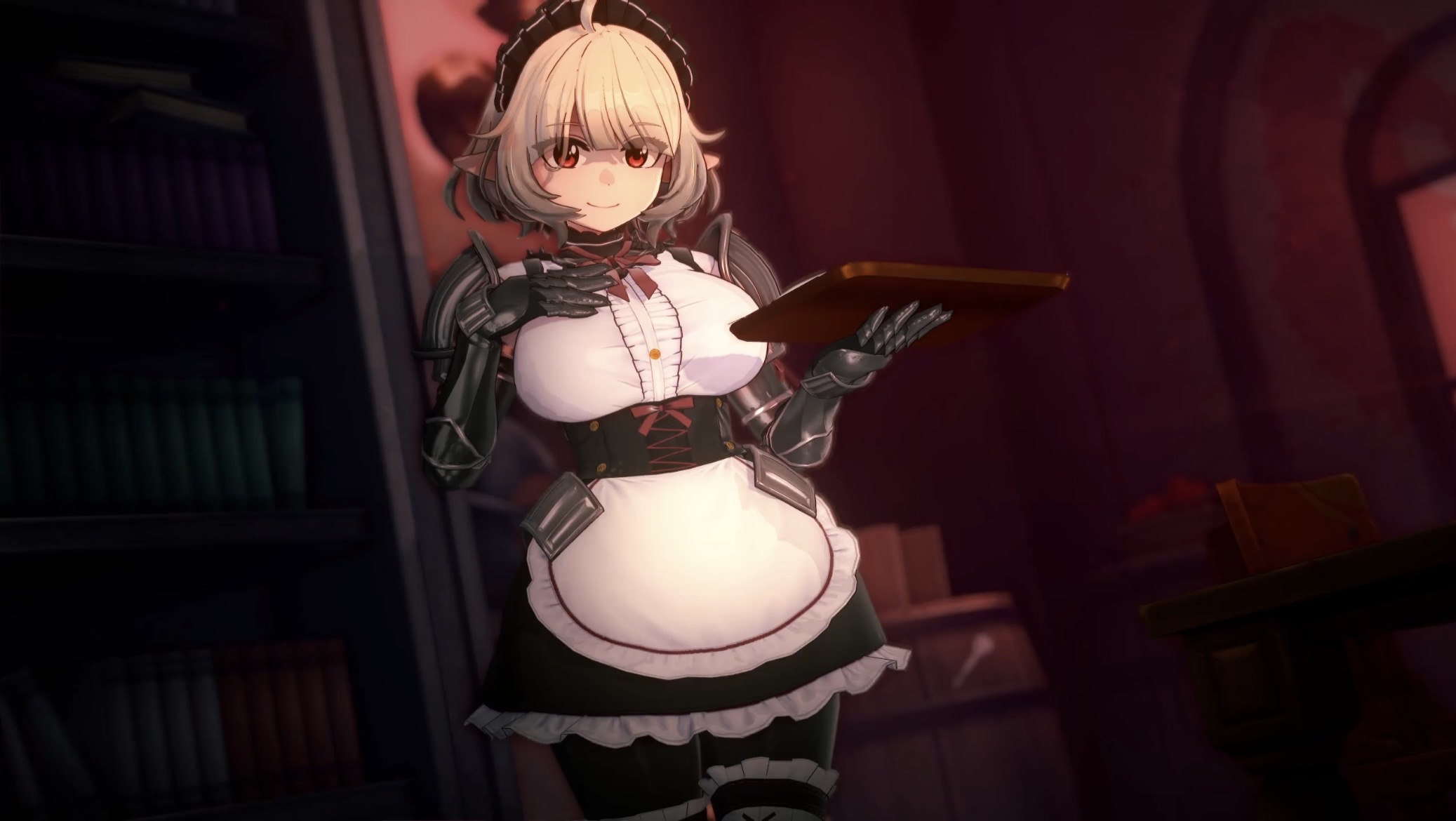 3d, anna anon, big breasts, blonde hair, cute, dominant female, elf, elf female, looking at viewer, maid, maid uniform, red eyes, slim waist, thick thighs, vampire, vampire girl, wide hips