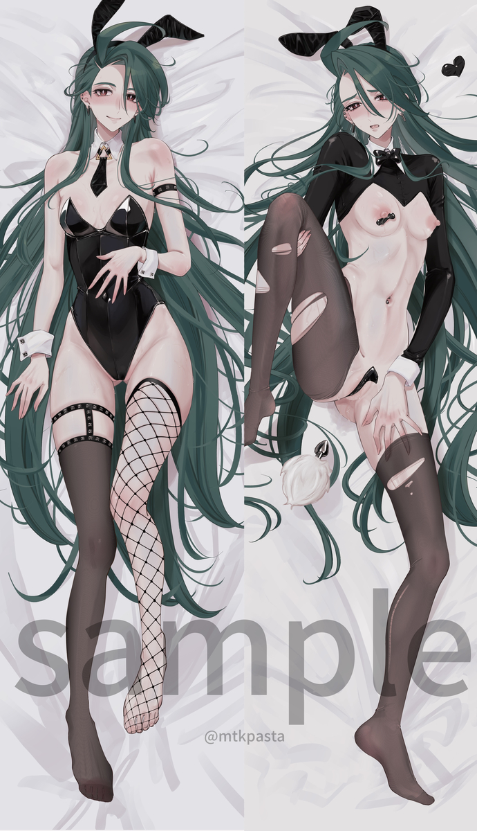1girl, 1girls, anal plug, bed, belly button, bunny suit, bunnysuit, dakimakura, exposed breasts, game freak, laying down, legs apart, midriff, mtkpasta, pokemon, pokemon sv, rika (pokemon), source, tagme