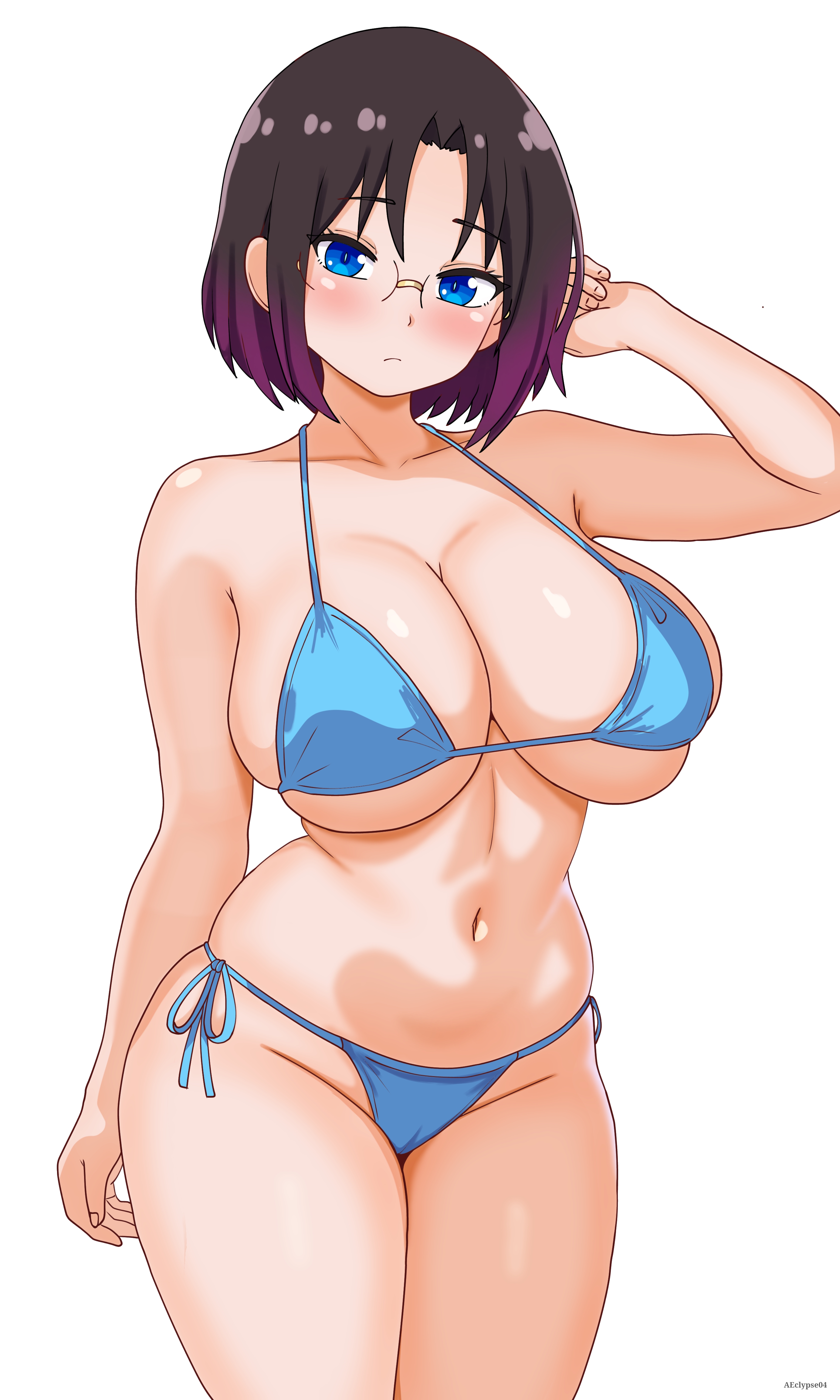 absurdres, artist name, bikini, black hair, blue bikini, breasts, closed mouth, collarbone, eclyart, elma (dragon maid), female, glasses, gradient hair, highres, kobayashi-san chi no maidragon, large breasts, looking at viewer, multicolored hair, purple hair, short hair, simple background, solo, standing, swimsuit, thighs, white background