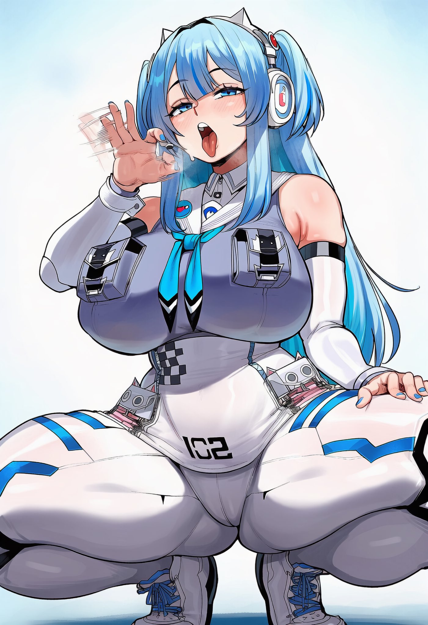 accessory, ai, ai art, ai generated, bare shoulders, big ass, big belly, big breasts, big butt, big thighs, blowjob face, blowjob gesture, blue eyes, blue hair, blue nails, blush, blush lines, bodysuit, breasts, breasts bigger than head, breath, breath cloud, breathing, breathing heavily, clothed, clothed female, curvaceous, curvaceous body, curvaceous female, curvaceous figure, curves, curvy, curvy body, curvy female, curvy figure, curvy hips, earphones, enormous ass, enormous boobs, enormous breasts, enormous butt, enormous thighs, enormous tits, eyebrows, eyelashes, female, female focus, female only, genlation, gigantic ass, gigantic breasts, gigantic butt, gigantic thighs, goddess of victory: nikke, hair, hair between eyes, hair ornament, hand gesture, hand near face, hand on leg, headphones, hips, hips wider than shoulders, huge ass, huge breasts, huge butt, huge thighs, large ass, large balls, large breasts, large thighs, legs, legs open, legs spread, light skin, light-skinned female, long hair, long sleeves, looking at viewer, marked hips, marked pussy, mekami shifty (nikke), motion lines, nails, nails painted, open legs, open mouth, oral invitation, painted clothes, pants, partially clothed, pockets, pose, posing, posing for the viewer, robot, robot girl, robot humanoid, robotic arm, seducing, seduction, seductive, seductive body, seductive eyes, seductive gaze, seductive look, seductive mouth, seductive pose, sex, sexy body, sexy female, sexy pose, shifty (nikke), shirt, shoes, simple background, solo, solo female, solo focus, squats, squatting, squatting female, squatting oral position, squatting position, steam, steaming, steaming body, steamy, steamy breath, sweat, sweatdrop, sweaty, sweaty body, tennis shoes, thick, thick ass, thick hips, thick legs, thick thighs, thighs, tight, tight bodysuit, tight clothes, tight clothing, tight fit, tight pants, tight pussy, tight shirt, tights, tongue, tongue out, uncensored, visible breath, voluptuous, voluptuous female, white background, white bodysuit, wide hipped female, wide hips, wide spread legs, wide thighs