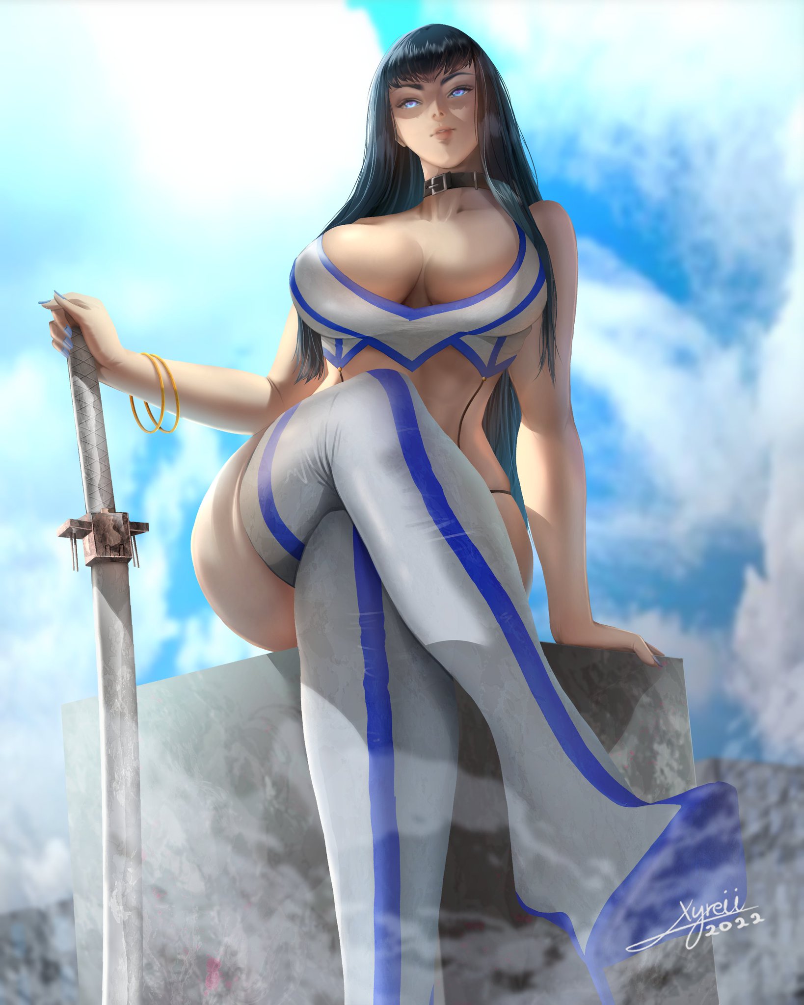 1girls, adapted costume, alina becker, alternate costume, anime, anime girl, arm support, artist name, asian female, bangle, bare shoulders, big breasts, black choker, black hair, blue eyes, blue nails, blue sky, blunt bangs, blurry background, boot fetish, boots, bracelet, breasts, child bearing hips, choker, cleavage, closed mouth, cloudy sky, collarbone, cosplay, cosplayer, covered nipples, crop top, crossed legs, curvy, dated, day, dominant female, dommy mommy, feet, female, female only, from below, glowing eyes, hand on hilt, high heel boots, high heels, holding, huge breasts, japanese, japanese female, jewelry, katana, kill la kill, kiryuuin satsuki, kiryuuin satsuki (cosplay), large breasts, legs, lips, long hair, looking at viewer, nail polish, outdoors, painted fingernails, painted nails, panties, photo-referenced, pinup, planted, planted sword, real person, revealing clothes, seductive look, signature, sitting, sky, smile, solo, sword, thicc, thicc thighs, thick eyebrows, thick thighs, thigh boots, thighhighs, thighs, thong, tight clothes, tight clothing, very long hair, voluptuous, voluptuous female, weapon, white footwear, white thighhighs, wide hips, xyreii