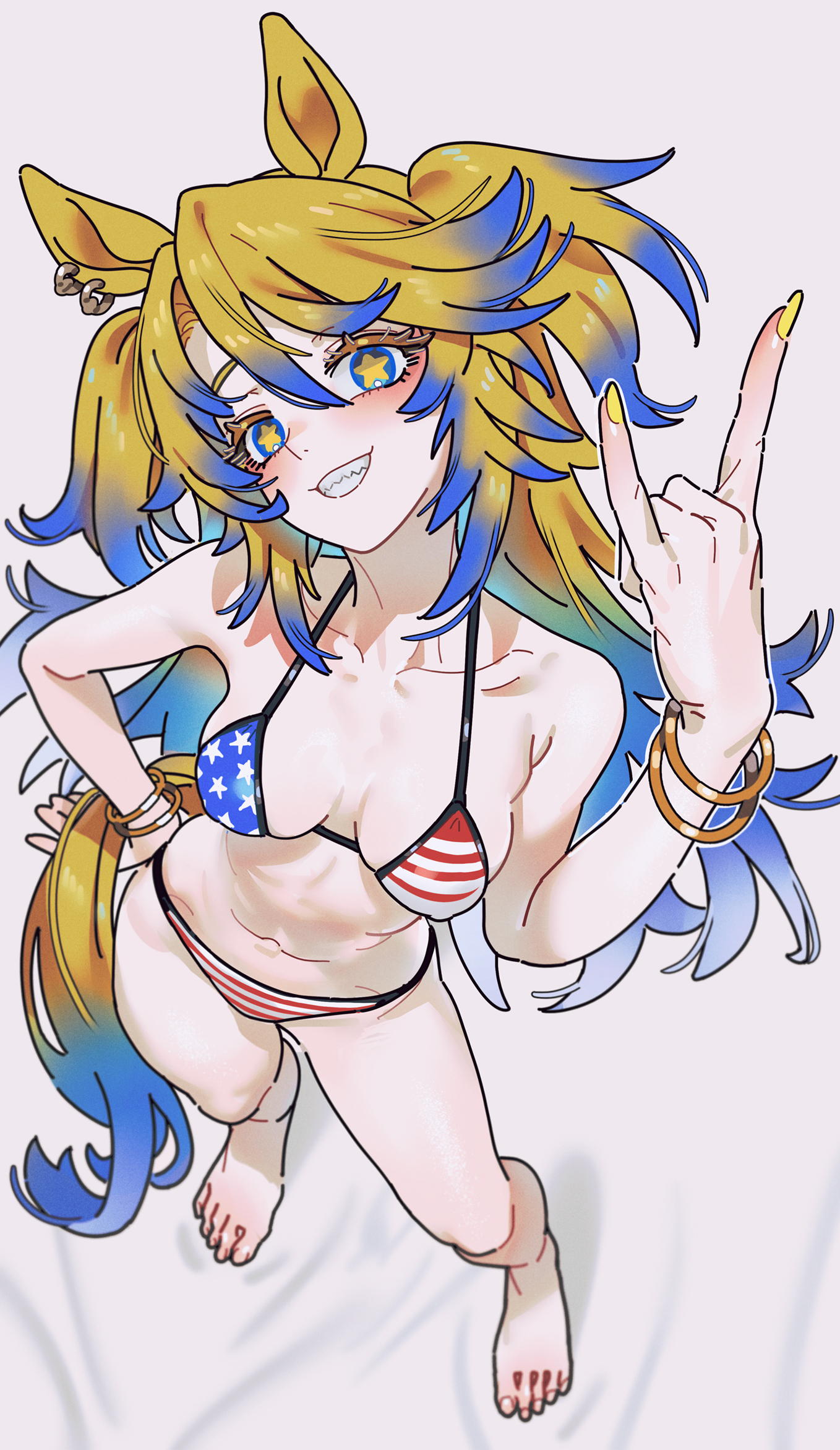1girls, american flag bikini, arm up, bikini, blonde hair, blue eyes, blue hair, bracelet, devil horns (gesture), ear piercing, female, hand on hip, horse ears, horse girl, horse tail, long hair, nail polish, obey your master (umamusume), piercing, sarcophage, sharp fingernails, solo, solo female, star, star-shaped pupils, striped bikini, tail, two side up, two-tone hair, umamusume, umamusume: cinderella gray, united states of america, yellow nails
