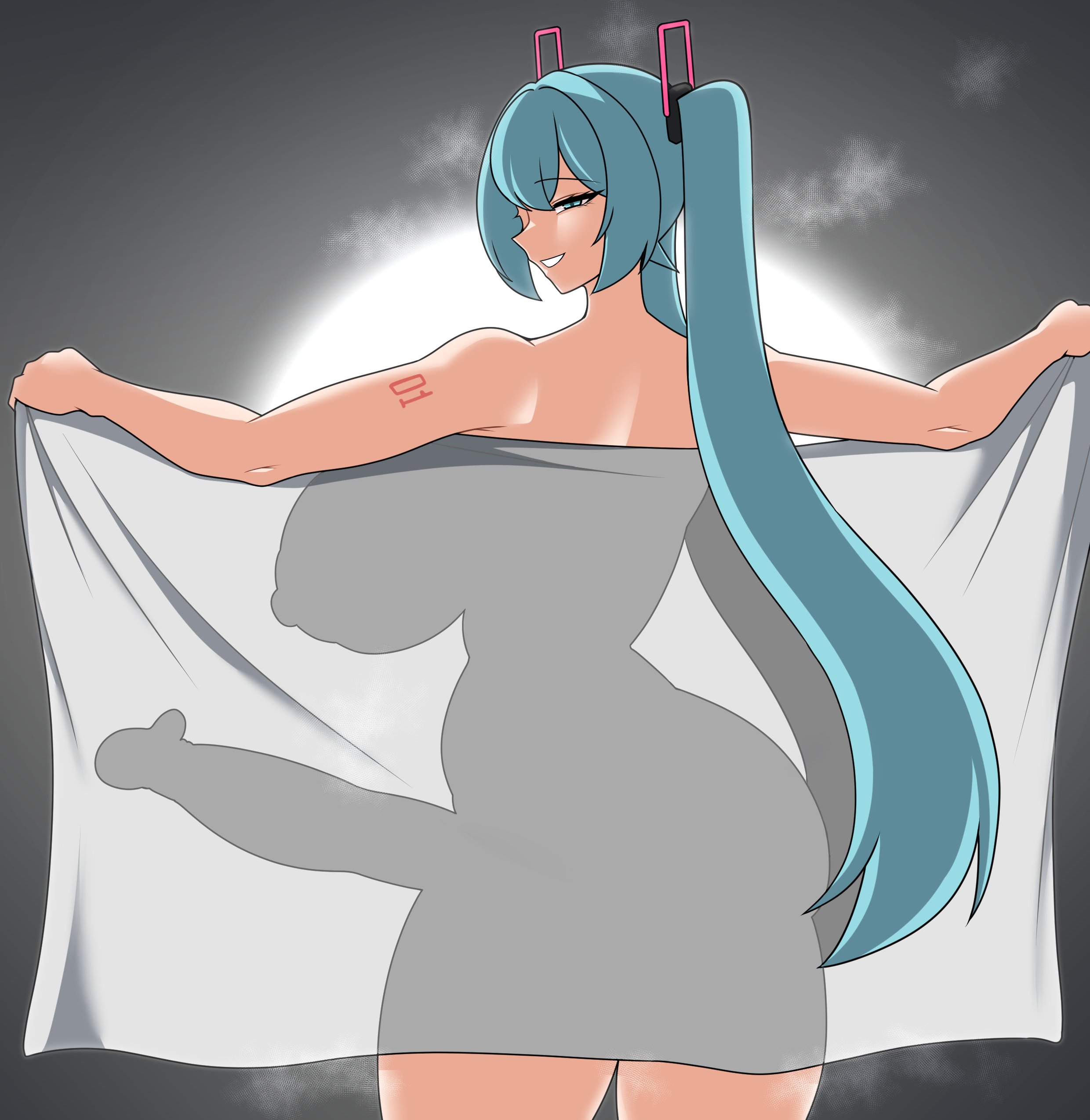 1girl, 1girls, aqua eyes, aqua hair, ass, blue eyes, blue hair, breasts, erect nipples, erection, from behind, futanari, grin, hatsune miku, huge breasts, huge cock, large breasts, long hair, looking at viewer, looking back, nipples, nude, outstretched arms, penis, regalpad, seductive, see-through, see-through silhouette, shower, smile, solo, tattoo, towel, twintails, very long hair, vocaloid, voluptuous, x-ray