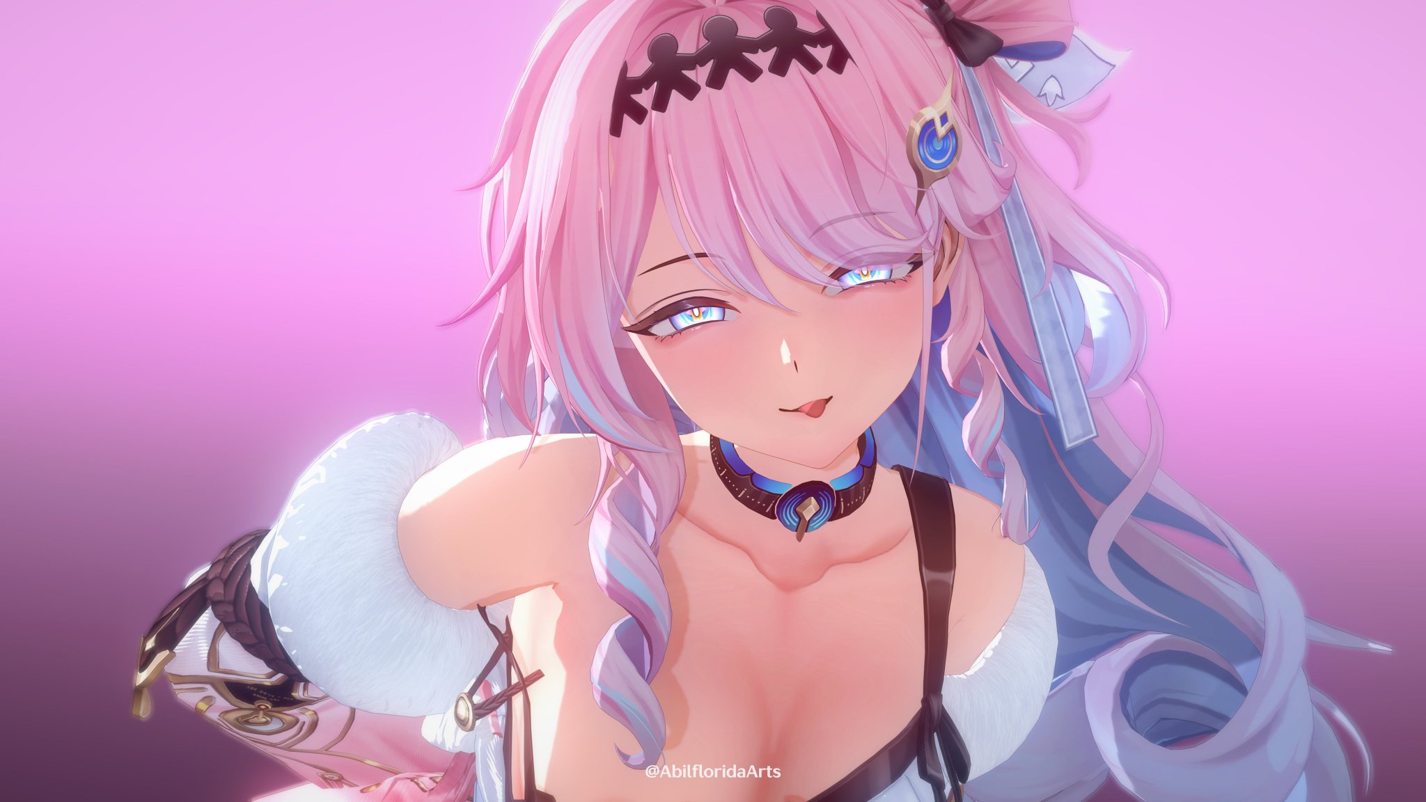 1girls, 3d, abilfloridaarts, blue eyes, breasts, denia (wuthering waves), exposed breasts, female, long hair, pink hair, smug face, wuthering waves