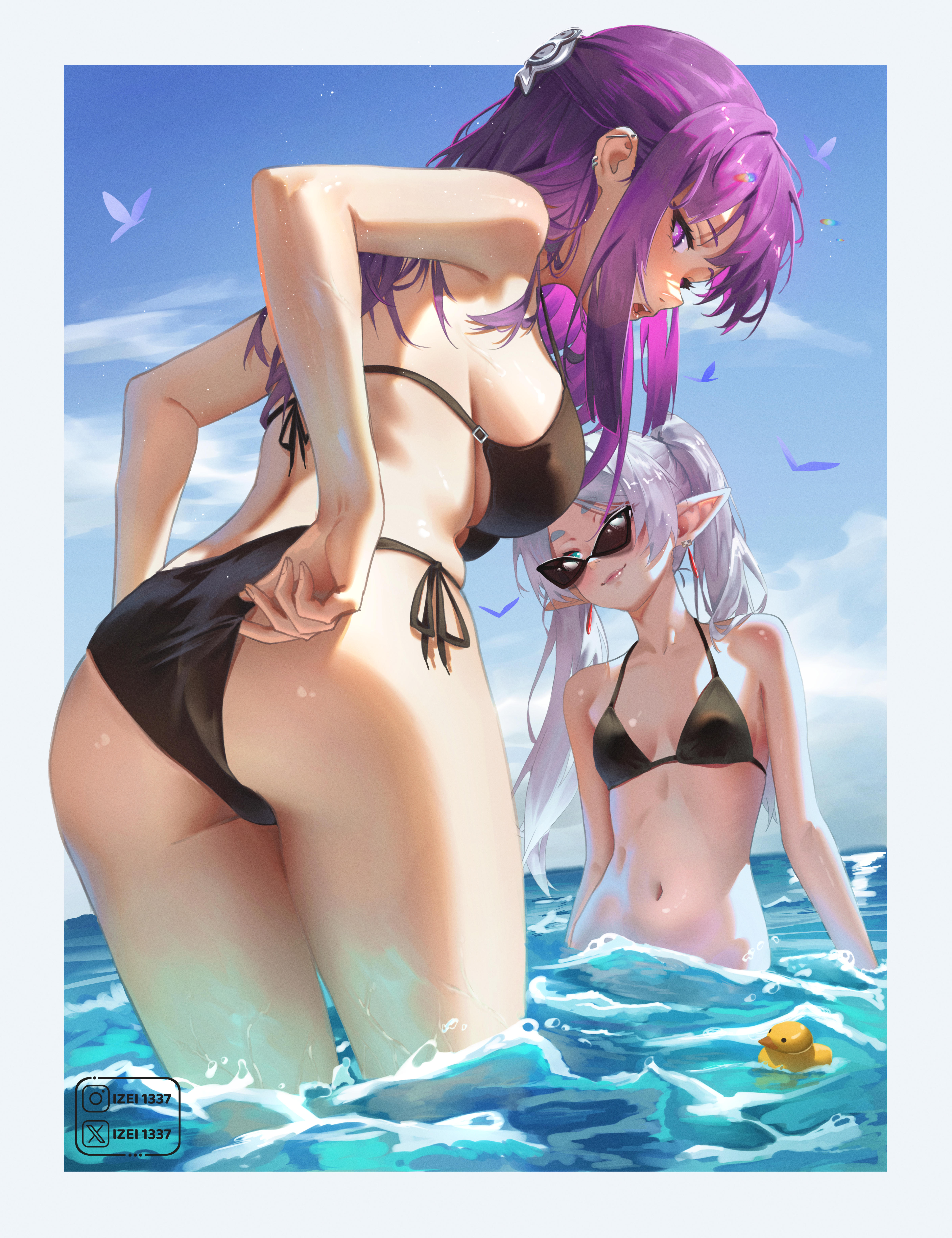2girls, absurdres, adjusting clothes, adjusting swimsuit, ass, bikini, black bikini, blue sky, border, breasts, cleavage, closed mouth, cloud, commentary, day, earrings, elf, english commentary, fern (sousou no frieren), frieren, green eyes, half updo, highres, izei1337, jewelry, large breasts, long hair, long pointy ears, multiple girls, navel, ocean, open mouth, outdoors, outside border, parted bangs, partially submerged, pointy ears, purple eyes, purple hair, rubber duck, sideboob, sidelocks, sky, small breasts, smile, sousou no frieren, stomach, sunglasses, swimsuit, twintails, wading, white border, white hair