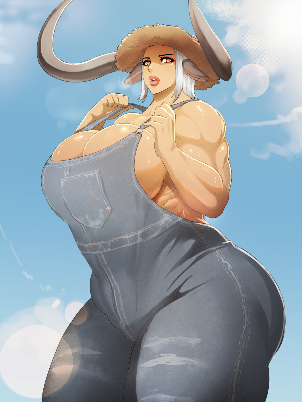 animal ears, breasts, cleavage, donaught, farmer, farmgirl, female, female only, highres, horns, huge breasts, monster girl, muscles, muscular, muscular female, original, original character, overalls, solo, suspenders