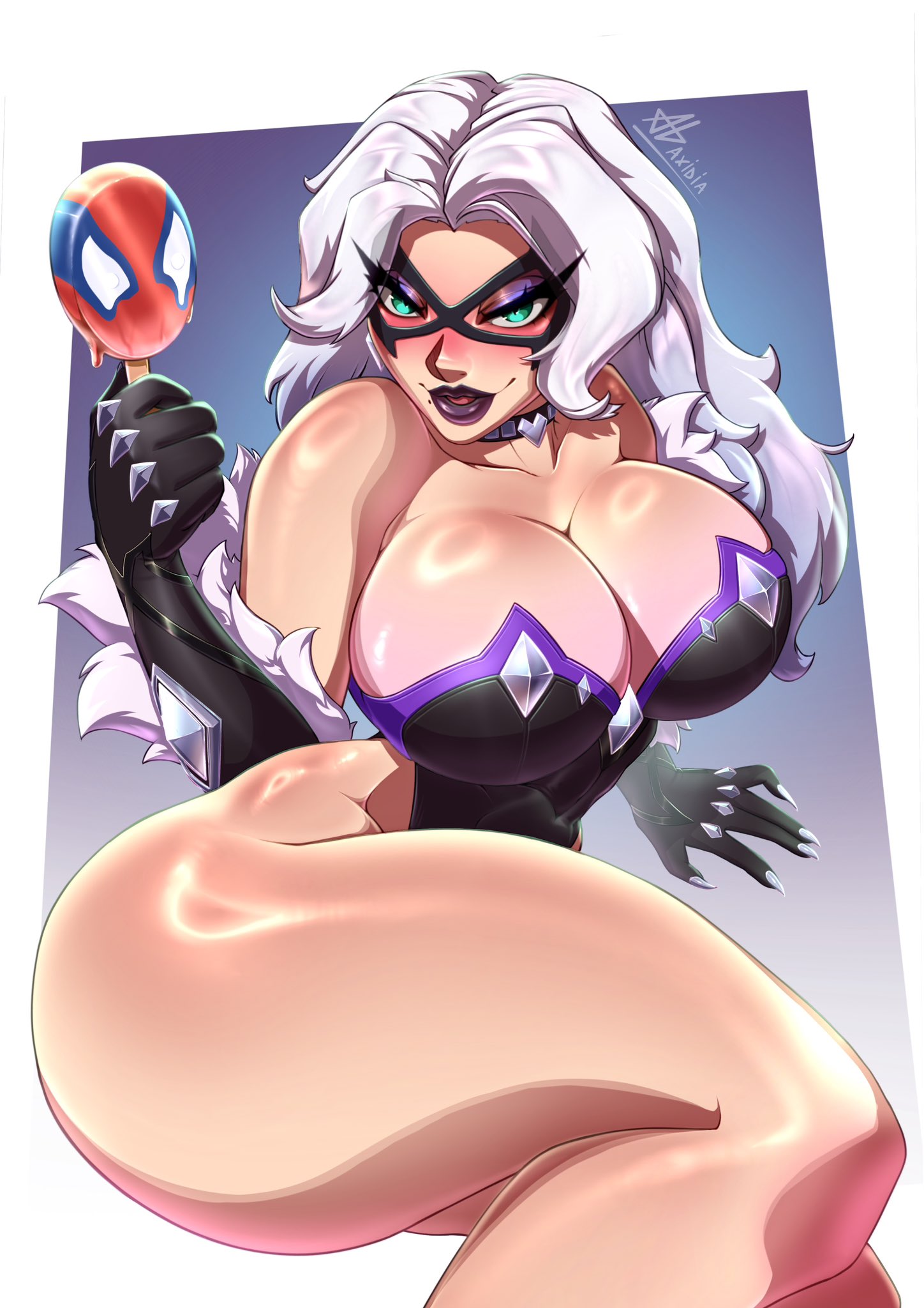 1girls, 2026, 2d, alluring, axidia, big breasts, black cat (marvel rivals), black cat (marvel), breasts, bursting breasts, choker, claws, cleavage, collar, color, colored, curvaceous, curvaceous body, curvaceous female, curvaceous figure, curvaceous hips, curvy, curvy body, curvy female, curvy figure, curvy hips, domino mask, earrings, enticing, eyelashes, eyemask, eyeshadow, felicia hardy, female, gloves, green eyes, hip cleavage, hips, huge breasts, large breasts, light skin, light-skinned female, looking at viewer, marvel, marvel comics, marvel rivals, mask, masked, masked female, massive breasts, pinup, purple lipstick, revealing clothes, seducing, seductive, seductive look, shiny, shiny breasts, shiny skin, shiny thighs, skimpy, skimpy clothes, solo, spider-man (series), superheroine, teasing, teasing viewer, temptation, tempting, tempting viewer, thick, thick breasts, thick hips, thick lips, thick thighs, thighs, voluptuous, voluptuous female, white fur, white hair, wide hips