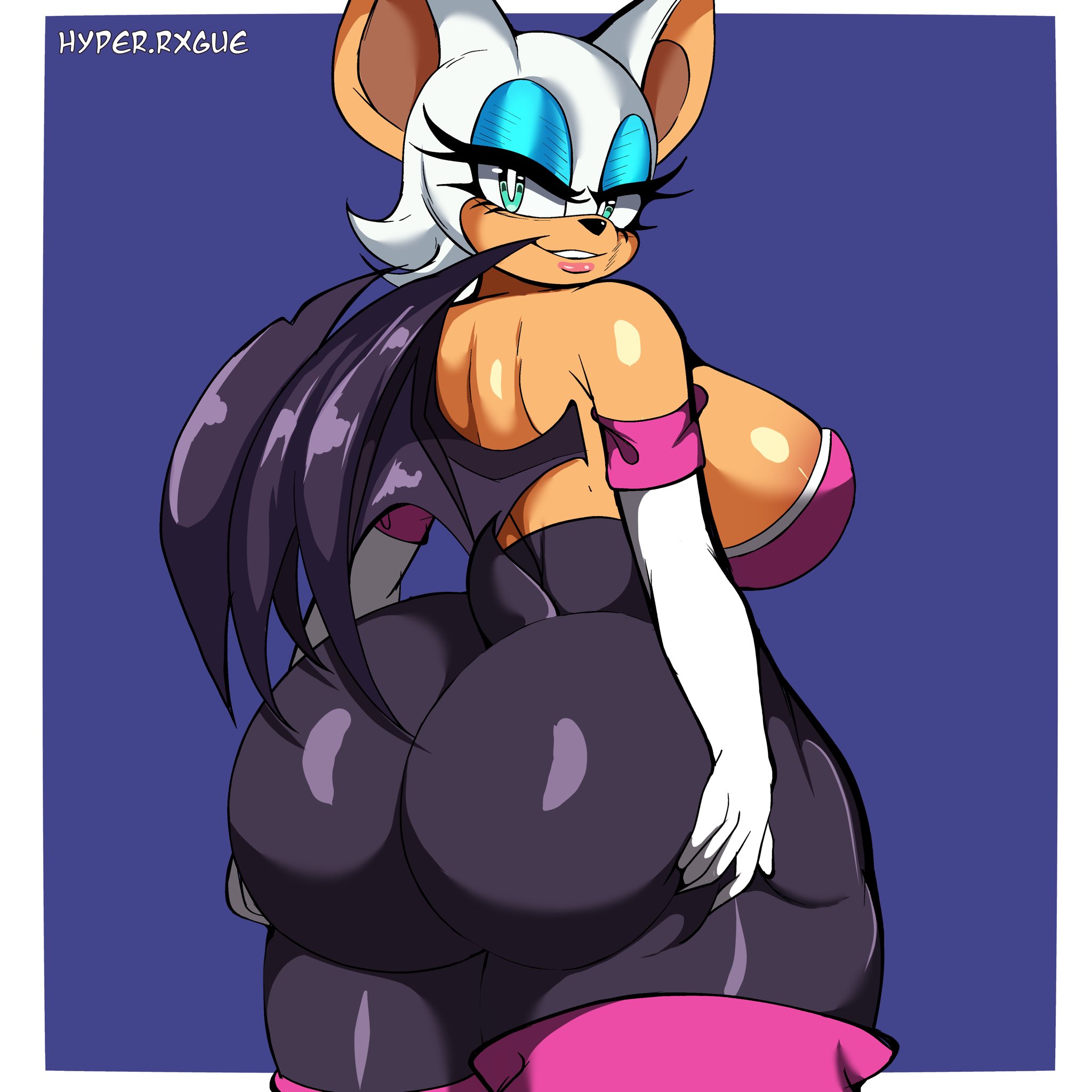 1girls, anthro, ass, bat, bedroom eyes, big ass, big breasts, bodysuit, bottom heavy, breasts, bubble butt, busty, chiropteran, clothing, fat ass, female, female only, furry, furry only, gluteal fold, half-closed eyes, huge ass, hyperrxgue, large ass, large breasts, looking at viewer, looking back, makeup, massive ass, no bra, rouge the bat, smile, solo, sonic (series), sonic the hedgehog (series), thick ass, thick thighs, thunder thighs, wide hips, wings