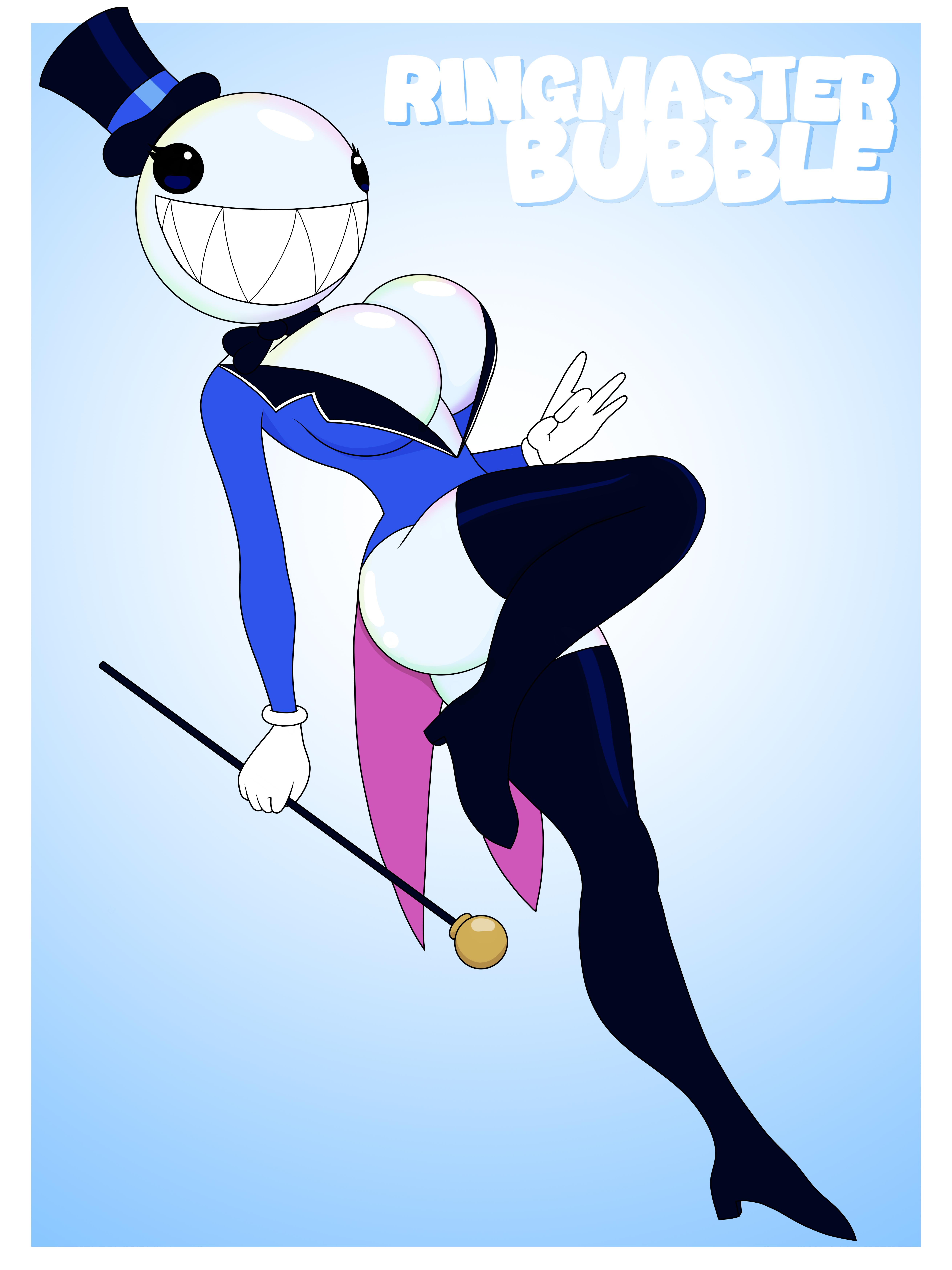 blue background, boots, boots without bottomwear, breasts, bubble (the amazing digital circus), female, floating hat, humanized, kevthunder23, ringmaster bubble, rule 63, sharp teeth, tagme, the amazing digital circus, top hat