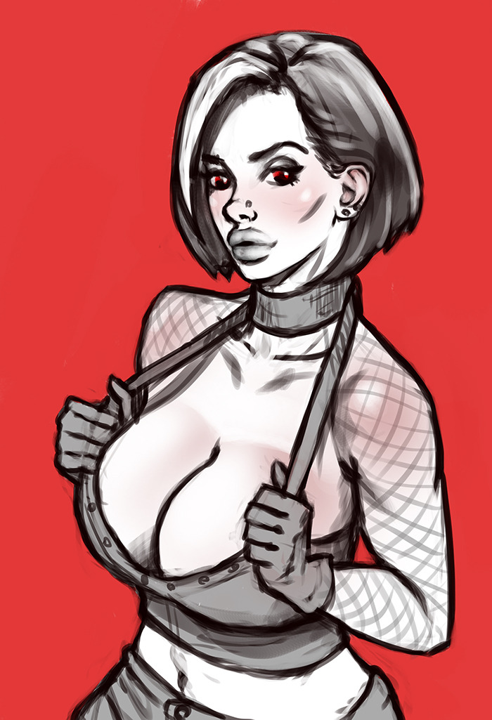 1girls, bare shoulders, big breasts, black and white, boobsgames, breasts, busty, choker, cleavage, curvy, ear piercing, earrings, eyelashes, eyeliner, eyeshadow, female, female only, fishnet, fishnet stockings, front view, gloves, goth, holding object, hourglass figure, human, looking at viewer, makeup, midriff, original character, piercing, pose, posing, red eyes, short hair, simple background, solo, standing, teenager, voluptuous, wide hips