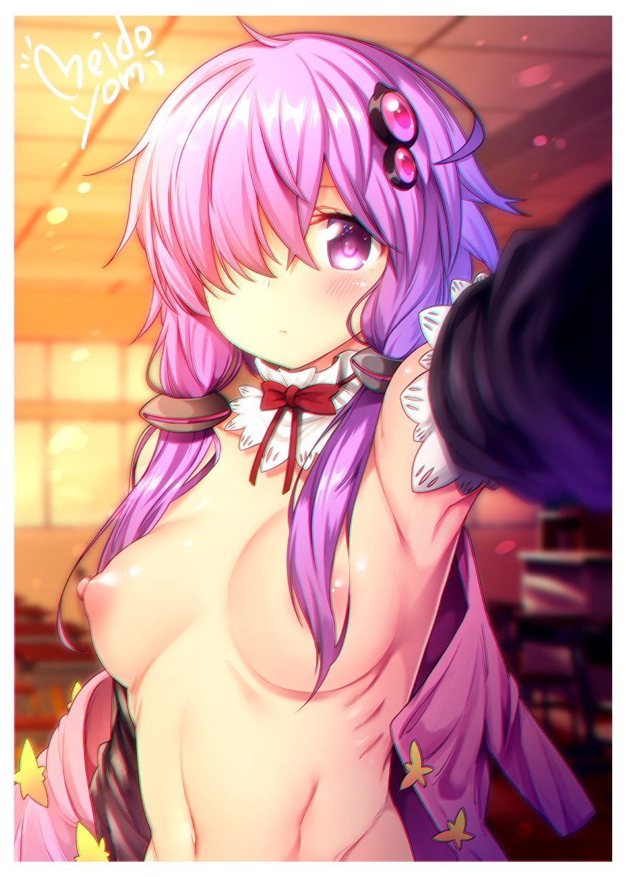 ahoge areola_slip areolae arm_up armpits artist_name backlighting bangs bare_shoulders blurry blurry_background blush breasts chromatic_aberration classroom closed_mouth depth_of_field detached_collar detached_sleeves female foreshortening hair_ornament hair_over_breasts hair_over_one_eye hair_tubes hairpin highres indoors long_hair long_sleeves looking_at_viewer low_twintails medium_breasts meido_yomi navel neck_ribbon nipples nude one_eye_covered open_clothes outstretched_arm purple_eyes purple_hair red_neckwear red_ribbon ribbon ribs self_shot solo tareme twintails upper_body vocaloid voiceroid yuzuki_yukari