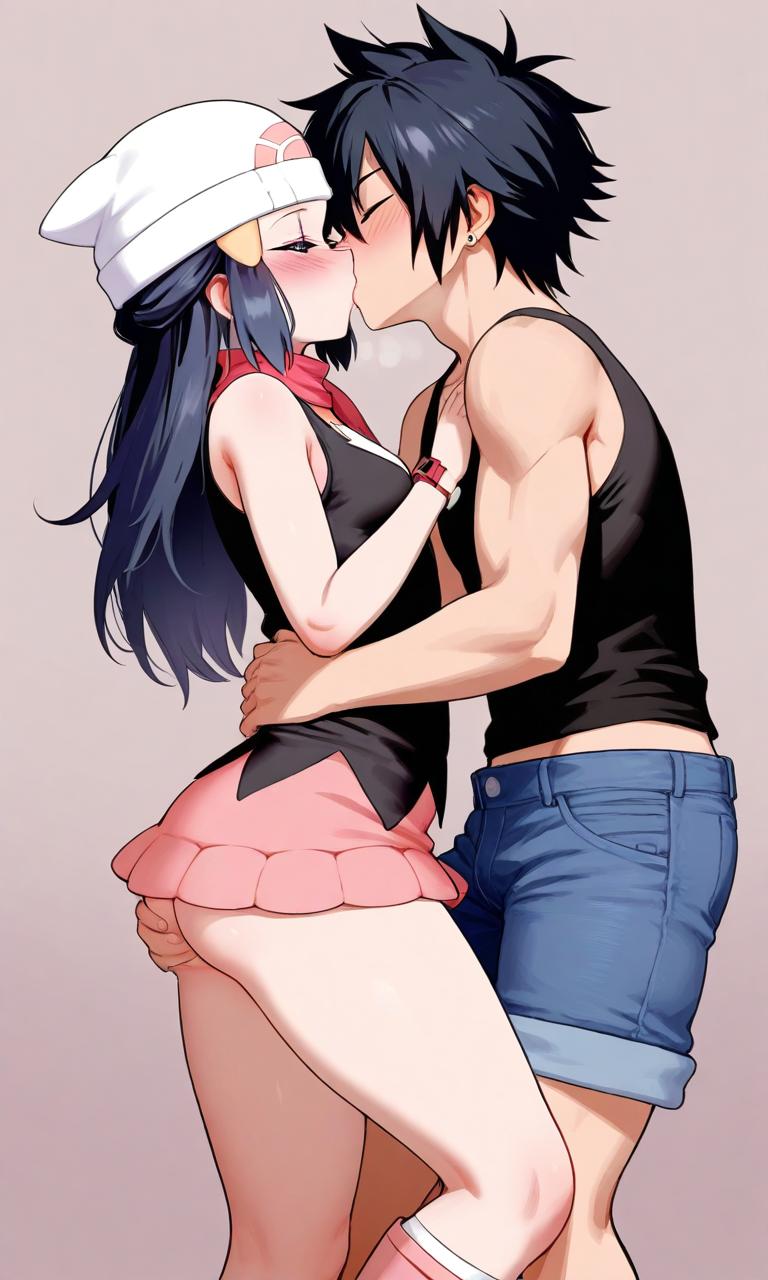 1boy1girl ai_generated black_hair couple crossover dawn_(pokemon) fairy_tail gray_fullbuster pokemon short_hair tagme