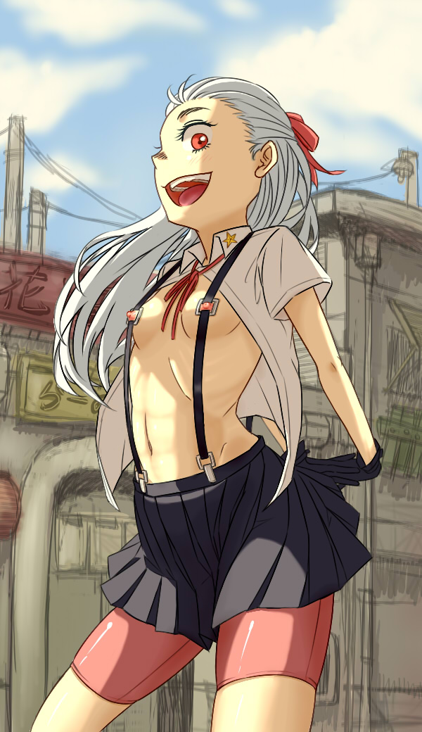 belt, breasts, city, dorohedoro, female, noi (dorohedoro), open shirt, skirt, small breasts, tagme, young
