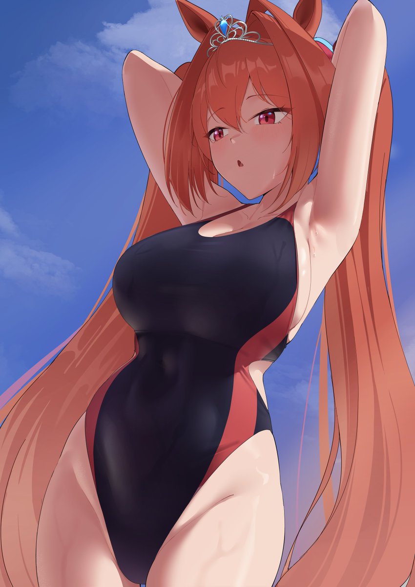 big ass, big butt, big thighs, big titties, breasts, clothing, curvaceous, curvaceous female, curvaceous figure, curvy, curvy figure, curvy hips, daiwa scarlet (umamusume), female, female focus, female only, long hair, necropoi, orange hair, swimsuit, tagme, umamusume, umamusume pretty derby