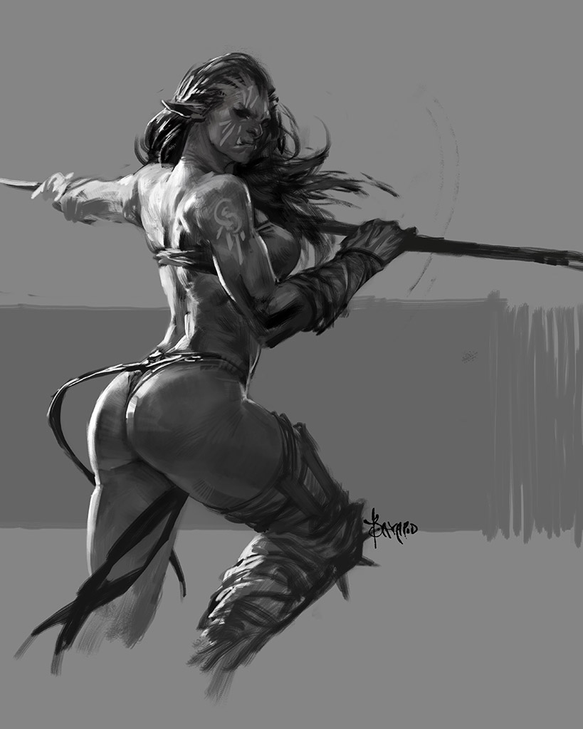 1girls, 2016, bayardwu, bikini, breasts, female, female only, long hair, medium breasts, monochrome, muscular, muscular female, orc, orc female, original character, solo, solo female, thigh highs
