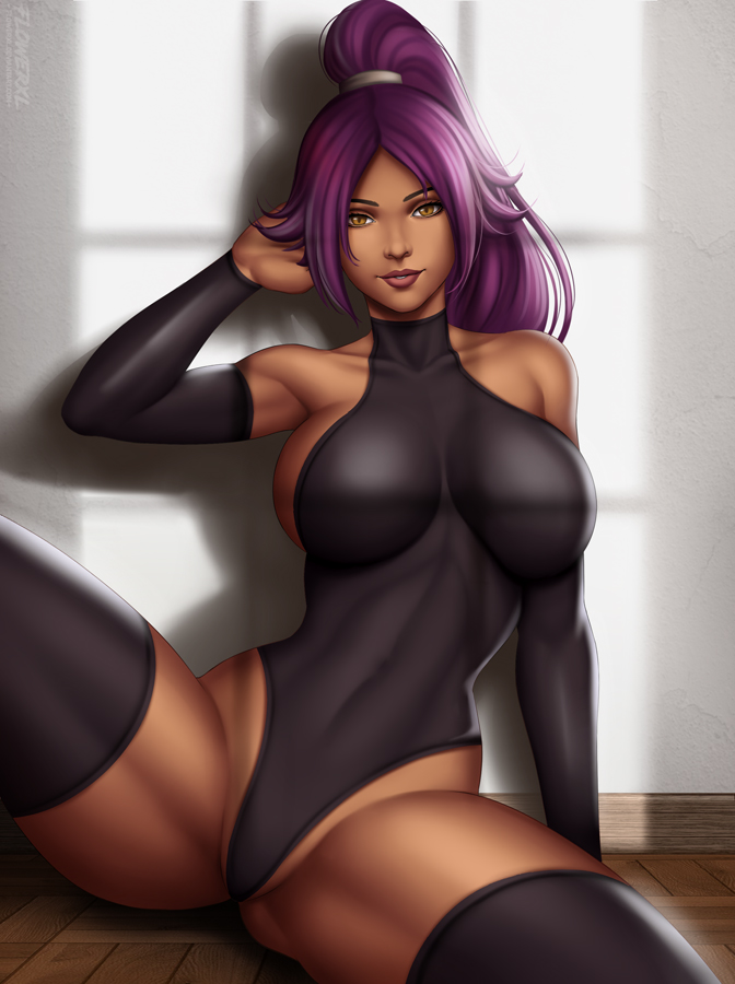 1girls, anime, artist name, big boobs, black armwear, black boots, black leotard, bleach, breasts, cleavage, curvaceous, dark skin, dark-skinned female, female, female only, fit, fit female, flowerxl, hand behind head, hand on head, legs up, long hair, looking at viewer, pink lips, pink lipstick, pinup, ponytail, purple hair, shihouin yoruichi, shounen jump, sitting, solo, sunlight, tail, thighhighs, thunder thighs, yellow eyes