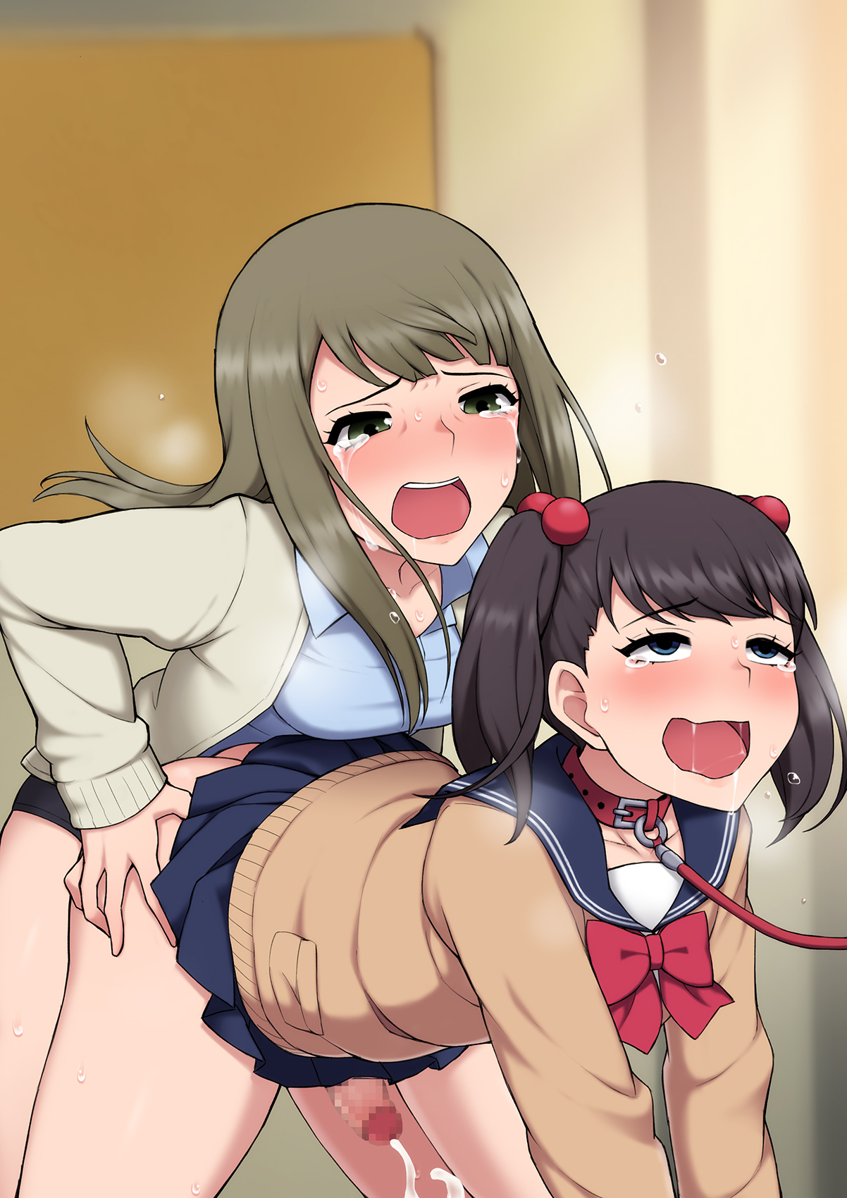 1boy, 1girls, ahe gao, all fours, anal, anal orgasm, artist cg, ayu/ayumu shiratori, black hair, bottomless, censored, collar, crossdressing, crossdressing male, cum, cum while penetrated, doggy style, ejaculation, erection, female, femdom, from behind, green hair, hands-free, hetero, josou mesu ochi fuuki iin kiyoku tadashii mohansei ga inran bitch ni ochiru made, kyoko sakurai, leash, long hair, male, male focus, male/female, malesub, mosaic censoring, pegging, penis, school uniform, serafuku, skirt, stockings, straight, strap-on, strapon, tears, trap, twintails, wataya 2