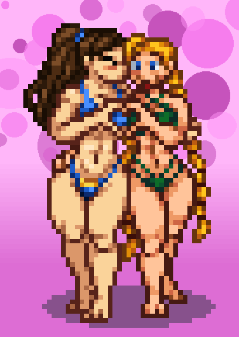 2girls abs artist_request big_breasts bikini blonde_hair blue_eyes blush brown_hair cammy_white chun-li dark_pikchu hand_on_hip lesbian_kiss muscular_female pink_background pixel_art source_request street_fighter thick_legs thick_thighs twintails