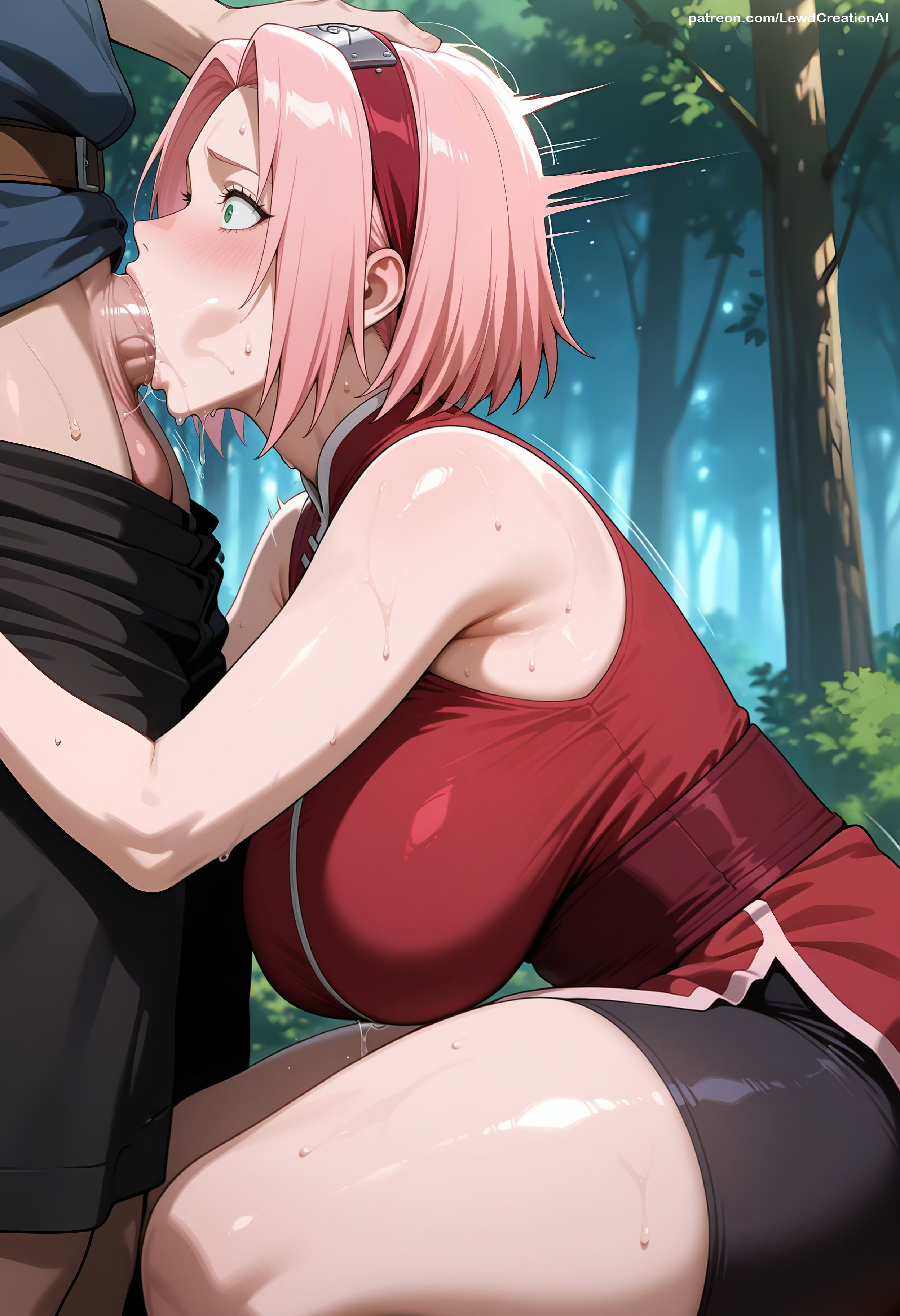 1boy, 1girls, absurd res, ai generated, big breasts, blowjob, blowjob face, blush, blush lines, boruto: naruto next generations, breasts, curvy, curvy figure, deep blowjob, deep penetration, deep skin, deep throat, deepthroat, drooling, female, forehead protector, forest, green eyes, head grab, high resolution, highres, irrumatio, lewdcreationsai, light skin, light-skinned female, male, naruto, naruto (classic), naruto (series), naruto shippuden, naruto: the last, outdoor sex, outdoors, pink hair, sakura haruno, saliva, saliva trail, sexually suggestive, stable diffusion, steam, steaming body, steamy breath, surprised, sweat, sweatdrop, sweating, sweaty, tagme, thick, thick legs, thick thighs, thighs