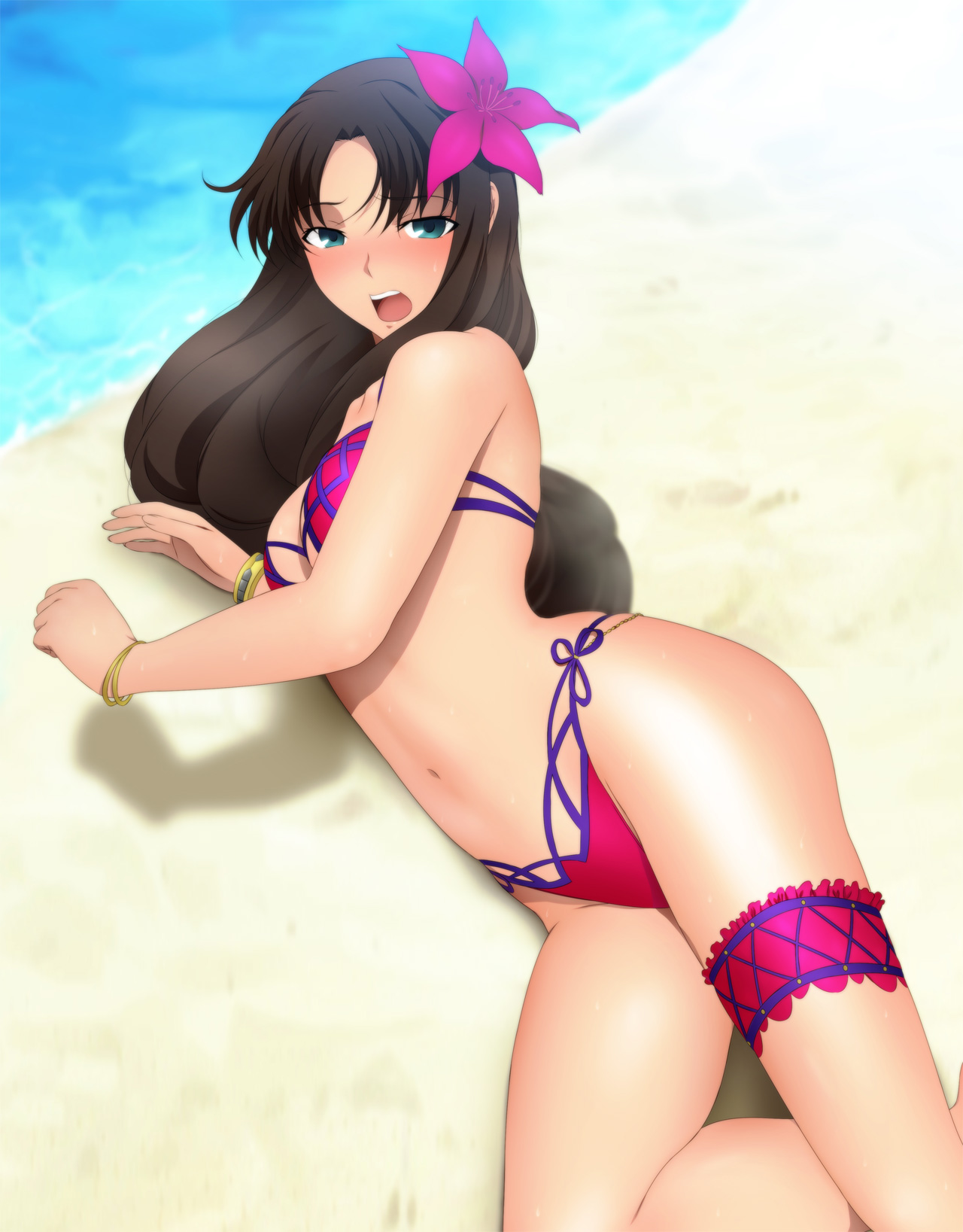1girls, beach, bikini, blush, brown hair, cosplay, fate (series), fate/grand order, fate/stay night, female, female only, green eyes, hair ornament, light skin, light-skinned female, long hair, looking at viewer, scathach (swimsuit assassin), solo, tohsaka rin, yadokari genpachirou