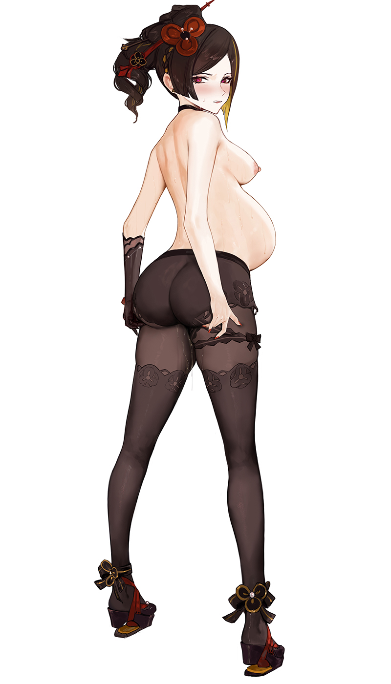 ass blonde_hair breasts brown_hair brown_pantyhose chiori_(genshin_impact) clenched_teeth female from_behind frown full_body genshin_impact hair_ornament hair_stick highres looking_at_viewer medium_breasts multicolored_hair nipples okobo pantyhose pregnant pussy_juice sandals sawaki_ken scowl simple_background solo standing teeth topless two-tone_hair white_background