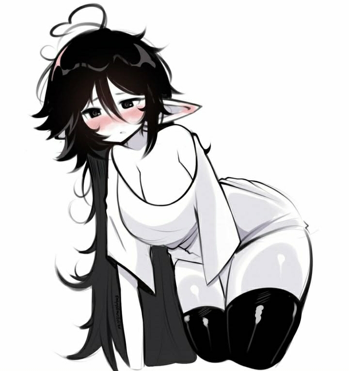 big_breasts black_hair blank_background blush breasts eepy eepy_girl elf elf_ears elf_futanari elf_girl fluffy_hair hand_between_legs long_black_hair long_hair loose_clothes loose_shirt messy messy_hair mistysnugglebug pale-skinned_female pale_skin red_ears shirt_down simple_background sleepy sleepy_(mistysnugglebug) slight_blush thick_thighs thighhighs white_background white_body white_topwear