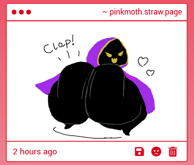 ass_clapping black_body clapping clapping_ass female female_focus female_only gold_trim happy heart_symbol hearts lewdmoth looking_back malice_(pinkmoth) onomatopoeia pinkmoth purple_hood purple_hoodie sharp_teeth shortstack straw.page villain villainess yellow_eyelashes yellow_eyes