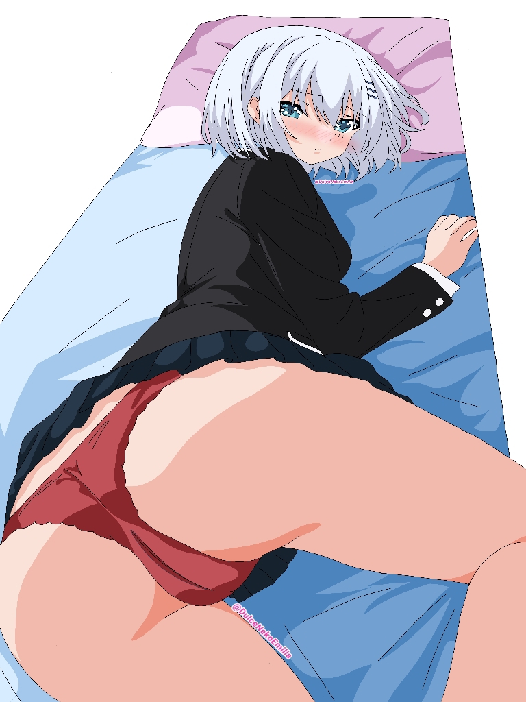 2d 2d_(artwork) ass ass_focus blue_eyes breasts dakimakura date_a_live dulcenekoemilia light-skinned_female panties school_uniform schoolgirl short_hair skirt sole solo_female thighs tobiichi_origami white_hair