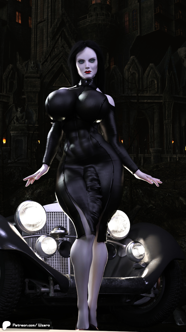 1futa 3d abs big_breasts black_hair breasts bulge bulge_through_clothing futa_only huge_breasts huge_cock morticia_addams pale_skin penis penis_outline solo the_addams_family wzero57