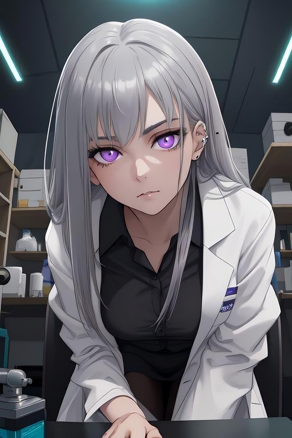 ai_generated close_up dr.moon_scp evil_eyes labcoat leaning_forward menacing pov purple_eyes silver_hair soulless_eyes v-neck