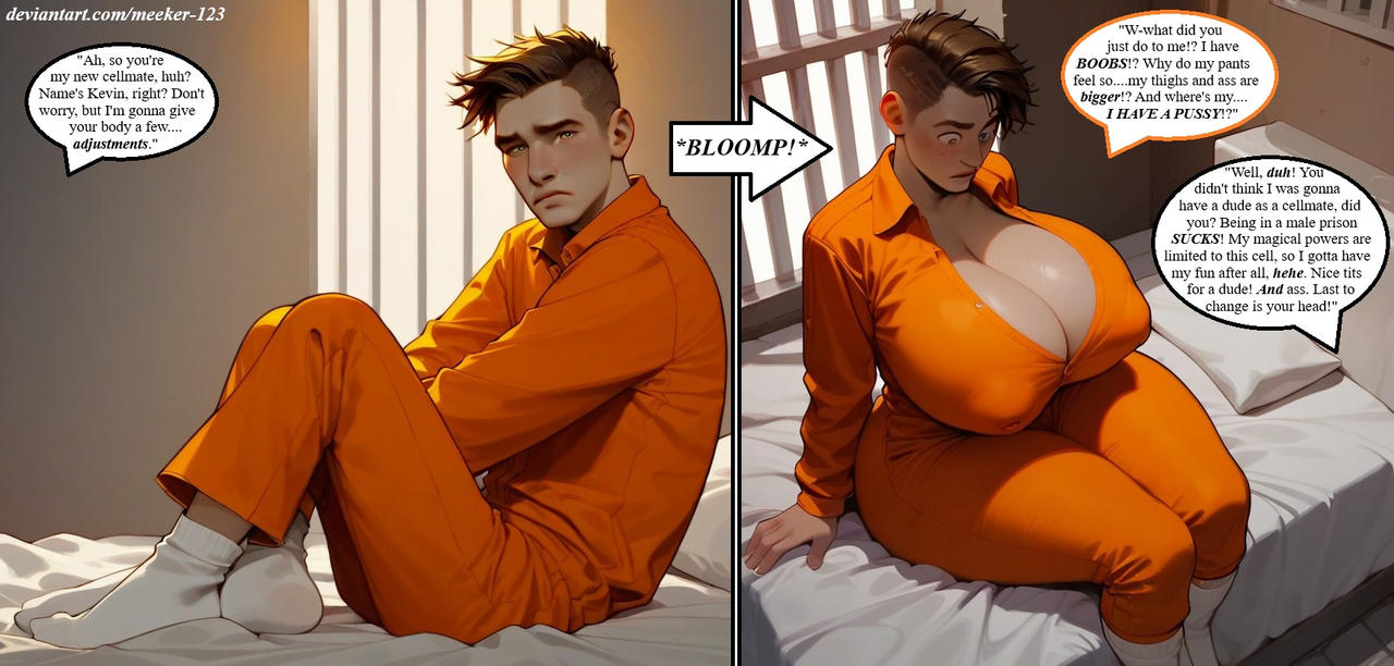 ai ai_generated big_breasts big_breasts busty busty_boy cleavage feminization forced_feminization gender_transformation huge_breasts huge_breasts jail kevin_(meeker-123) looking_at_breasts male_cleavage male_with_breasts meeker-123 orange_jumpsuit prison_jumpsuit thick_thighs transformation wide_hips