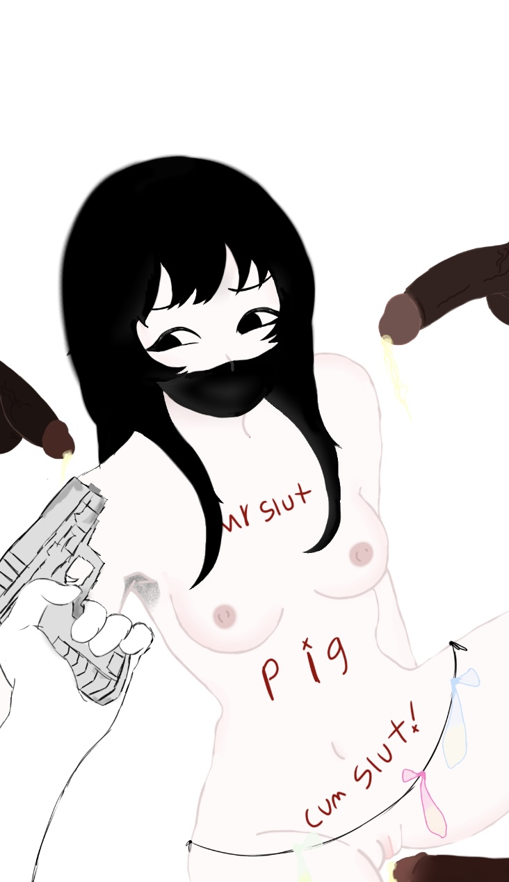 bbc4waifu bbc_slave black_hair dark-skinned_male drawing drawing_on_body gang_bang gangbang gangrape gangster gun gunpoint guroguro hostage mask mouth_mask naked_female rape red_body scared scared_expression small_breasts small_woman tape tied_up triple_penetration white_skin