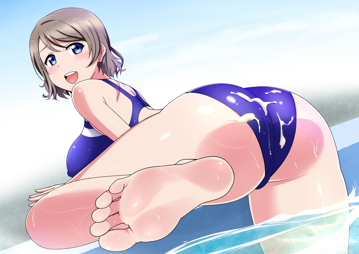 1girls, ass, barefoot, blue eyes, blush, cum, cum on ass, cum on lower body, feet, female, light brown hair, looking back, love live!, love live! sunshine!!, nipples visible through clothing, one leg raised, open mouth, panimiiru, pov, pov feet, presenting feet, short hair, soles, sweat, swimming pool, swimsuit, toes, watanabe you, water, wet