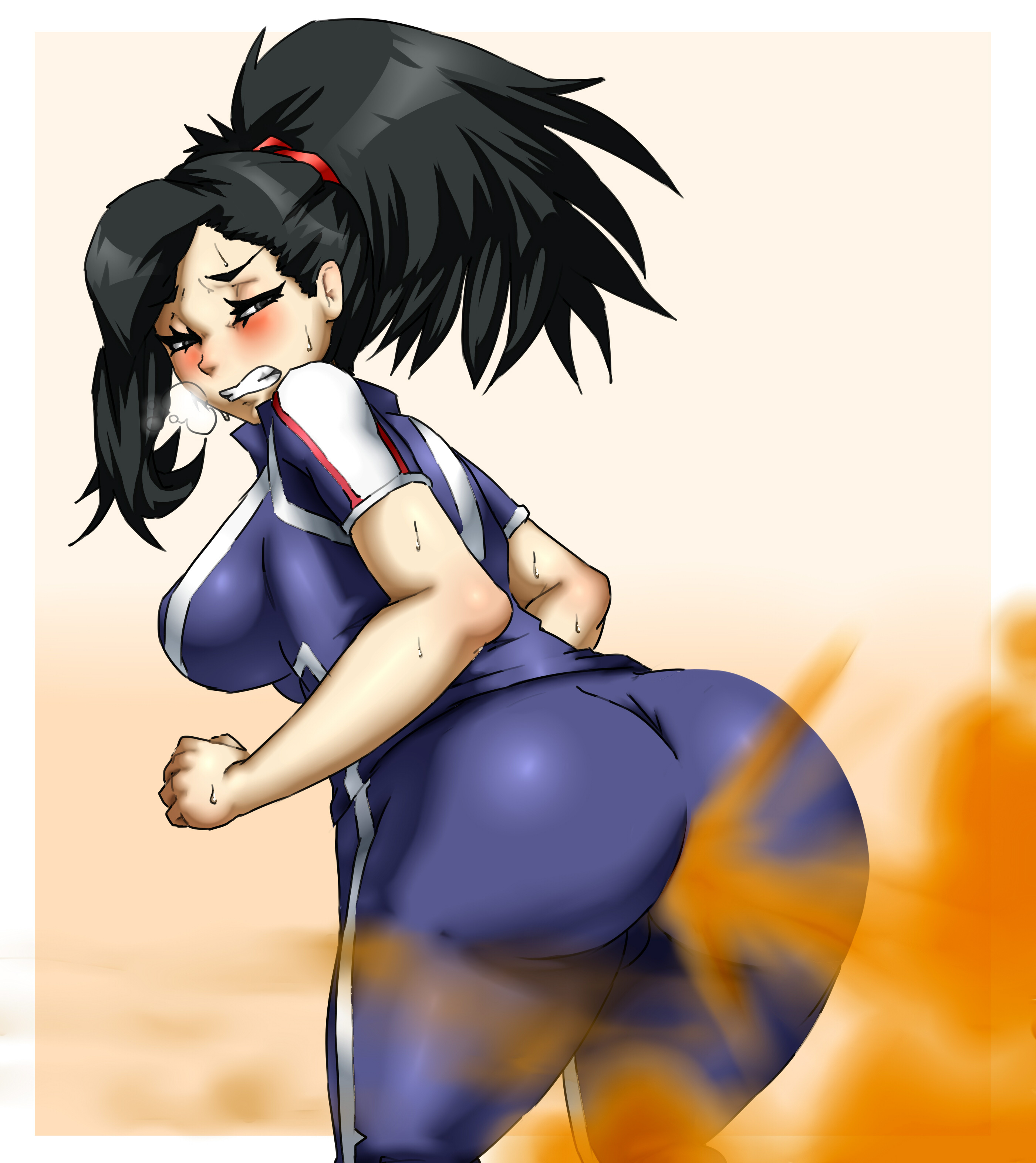 1girls, ass, big ass, big butt, black eyes, black hair, blush, clenched teeth, fart, fart cloud, fart fetish, farting, female, lazei, looking back, momo yaoyorozu, my hero academia, ponytail, rear view, solo female, standing, sweat, sweaty, viewed from behind, visible breath