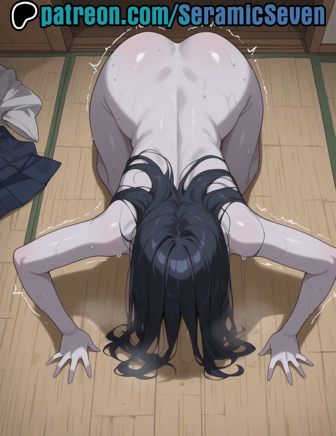 1girls, 2025, 2d, ai, ai generated, anime, anime style, bowing, bowing before viewer, bowing down, completely naked, completely naked female, completely nude, completely nude female, dogeza, female, female focus, female only, ghost girl, gray body, grey body, grey skin, hair covering face, long hair, on floor, on ground, seramic seven, solo, solo female, solo focus, submissive, submissive female, the ring, trembling, yamamura sadako