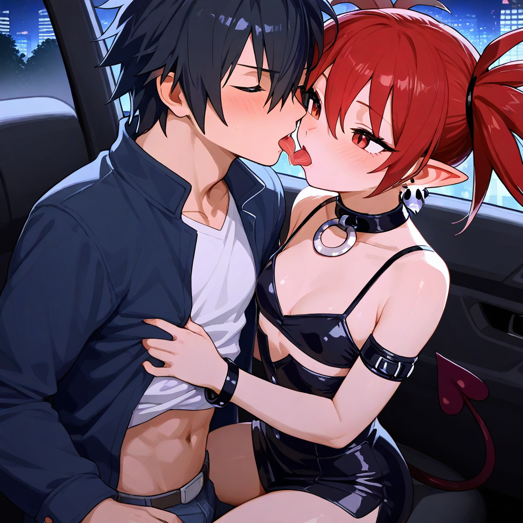 1boy1girl ai_generated black_hair couple disgaea etna fairy_tail gray_fullbuster red_eyes red_hair short_hair