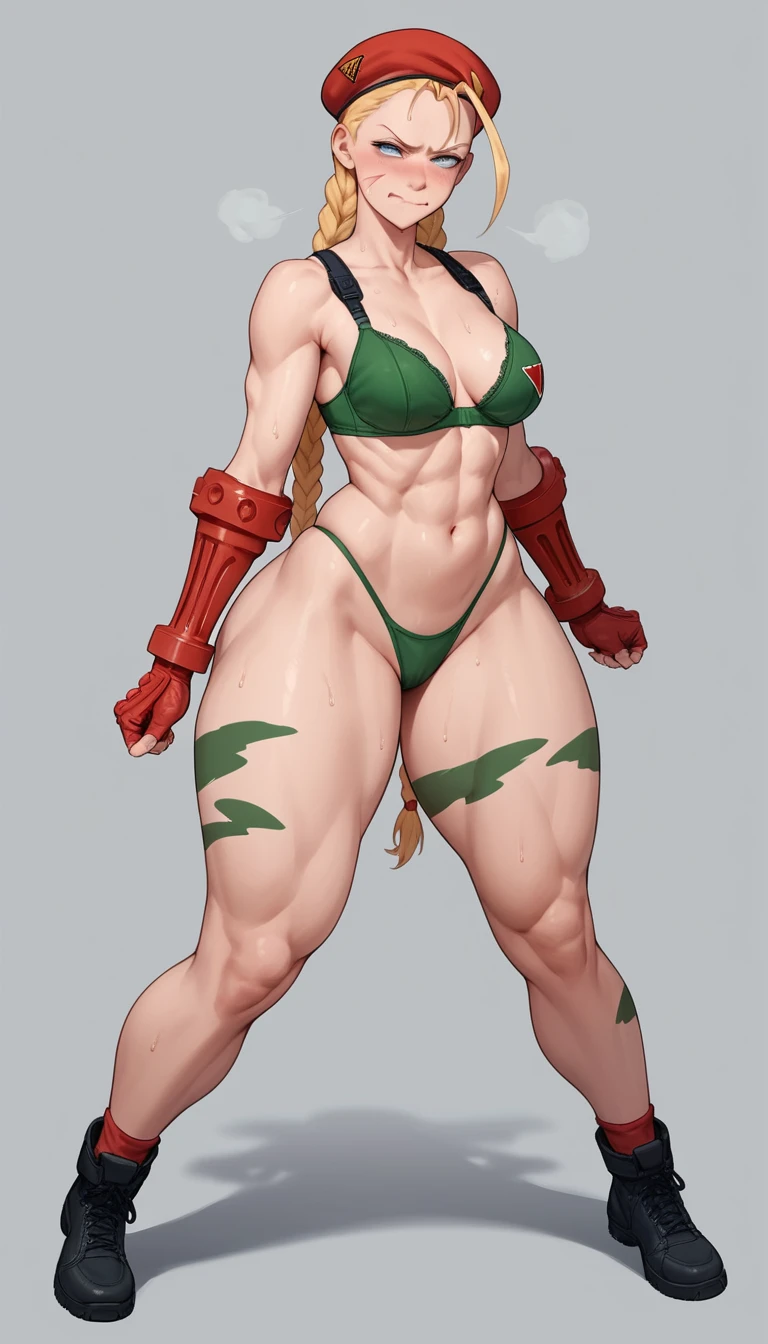 ai_generated blush bra cammy_white cammy_white_(fortnite) cammy_white_(street_fighter_6) capcom disgust disgusted female female_only full_body gray_background green_clothing huge_ass huge_thighs medium_breasts muscles muscular_female painting panties street_fighter street_fighter_6 street_fighter_alpha street_fighter_alpha_3 street_fighter_iii street_fighter_iii:_3rd_strike street_fighter_iii_(series) street_fighter_iv street_fighter_v sweating thick_legs