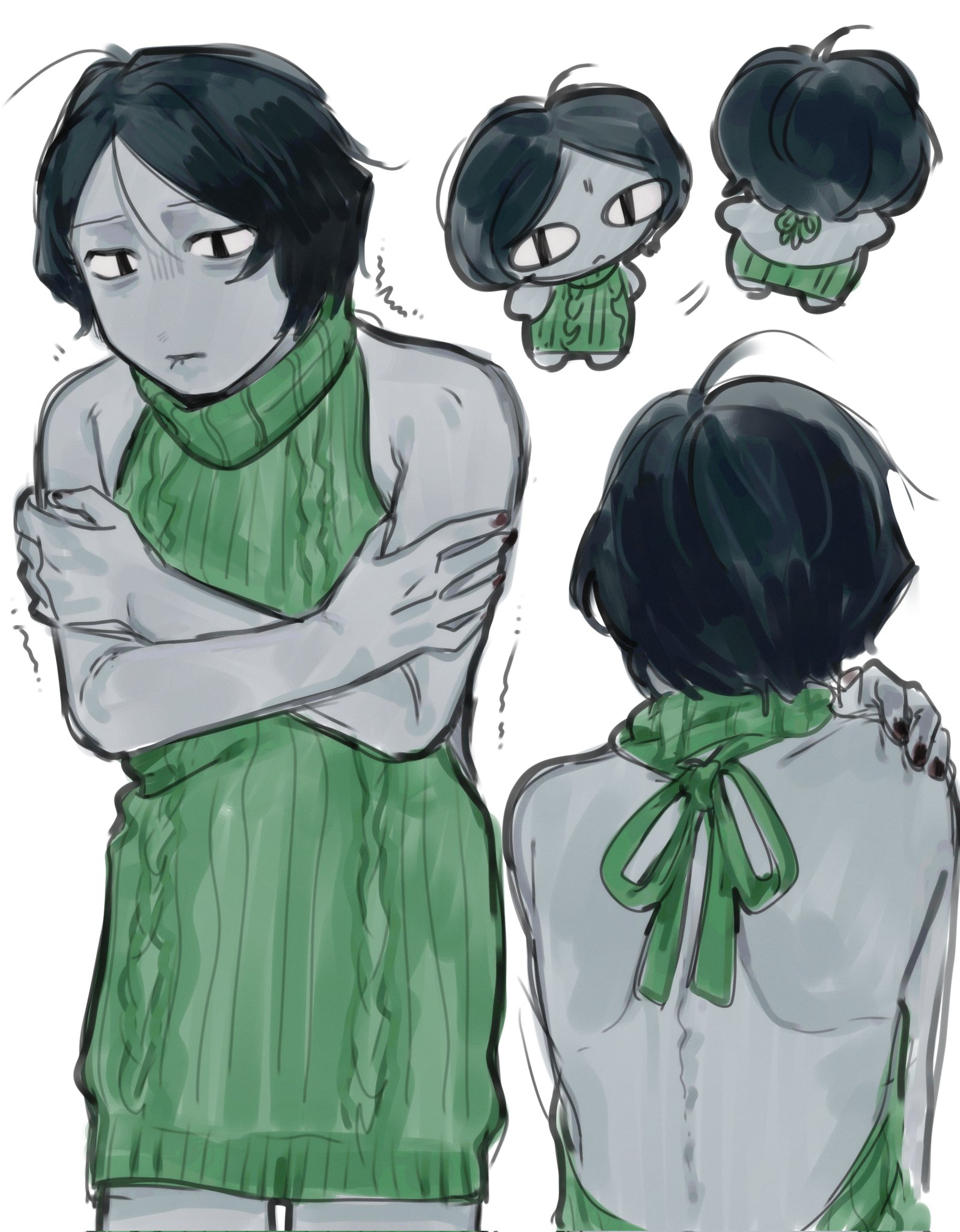 androgynous, bags under eyes, black hair, chikyu399, coat guy (no, i'm not a human), crossdressing, expressionless, femboy, grey body, grey skin, male, male only, no, i'm not a human, shivering, solo, sweater, sweater dress, twink, virgin killer sweater