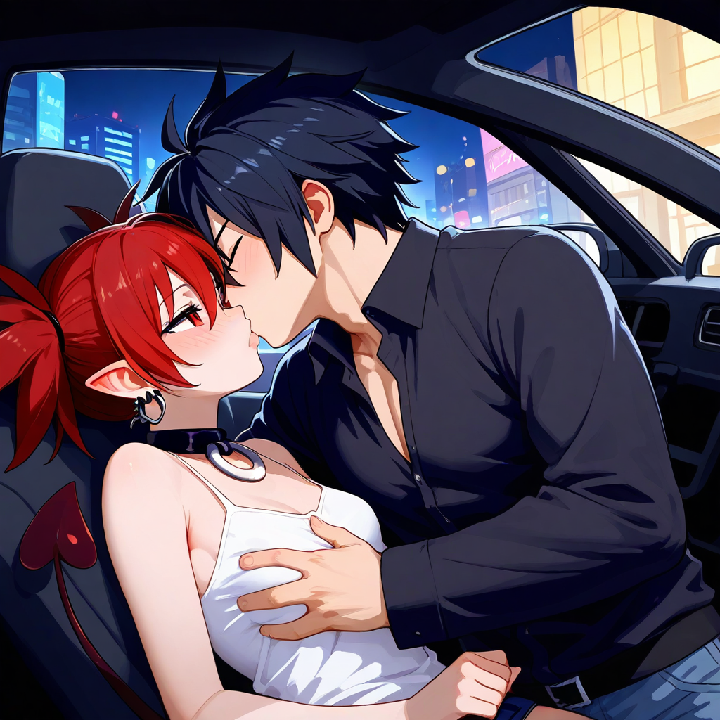 1boy1girl ai_generated black_hair couple disgaea etna fairy_tail gray_fullbuster red_eyes red_hair short_hair