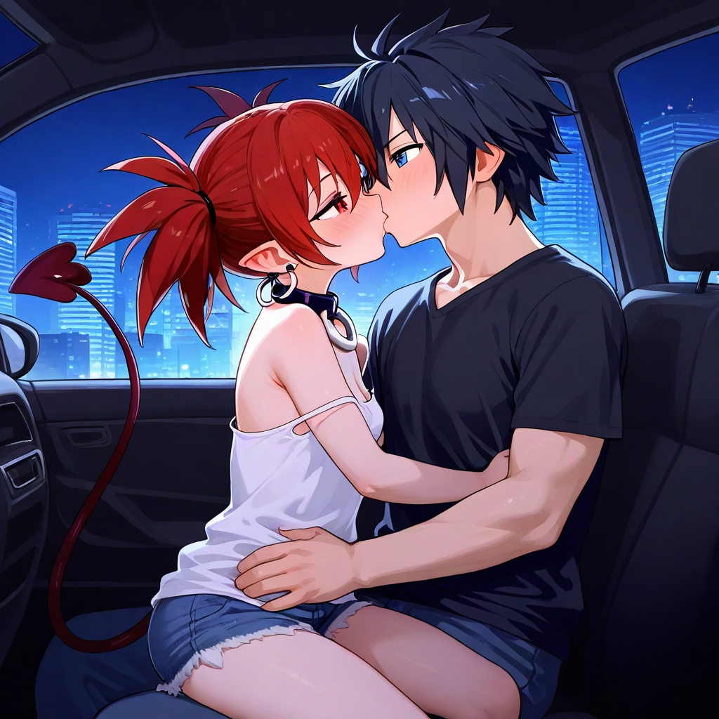 1boy1girl ai_generated black_hair couple disgaea etna fairy_tail gray_fullbuster red_eyes red_hair short_hair