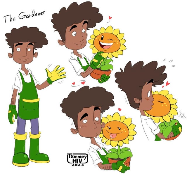 1boy cute dendrophilia flirty funny gardener heart kissing plants_vs_zombies sunflower_(pvz) tagme timoteihiv