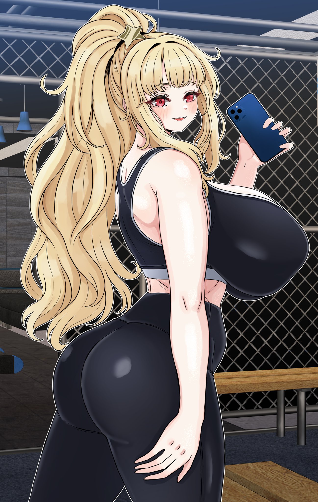1girls, ass, bbambi, big ass, big breasts, blonde hair, blush, blush lines, breasts, breasts bigger than head, curvaceous, curvy, curvy figure, distortion detective, exercise clothing, eyebrows, eyebrows visible through hair, eyelashes, ezra (distortion detective), female, female focus, female only, gym, huge ass, huge breasts, large ass, large breasts, light skin, light-skinned female, long hair, looking at viewer, looking back, mobile phone, phone, project moon, smile, solo, solo female, solo focus, sports bra, sportswear, tied hair, track pants, voluptuous, voluptuous female
