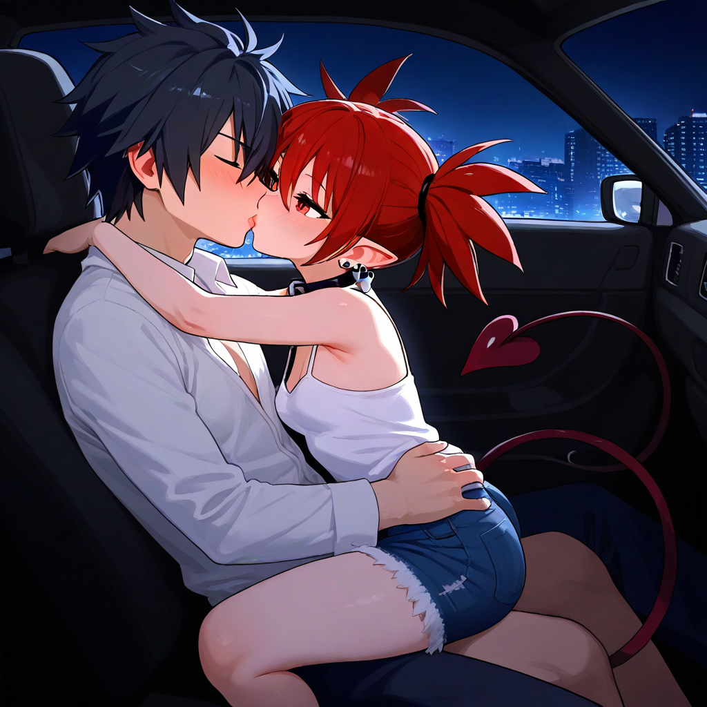 1boy1girl ai_generated black_hair couple disgaea etna fairy_tail gray_fullbuster red_eyes red_hair short_hair