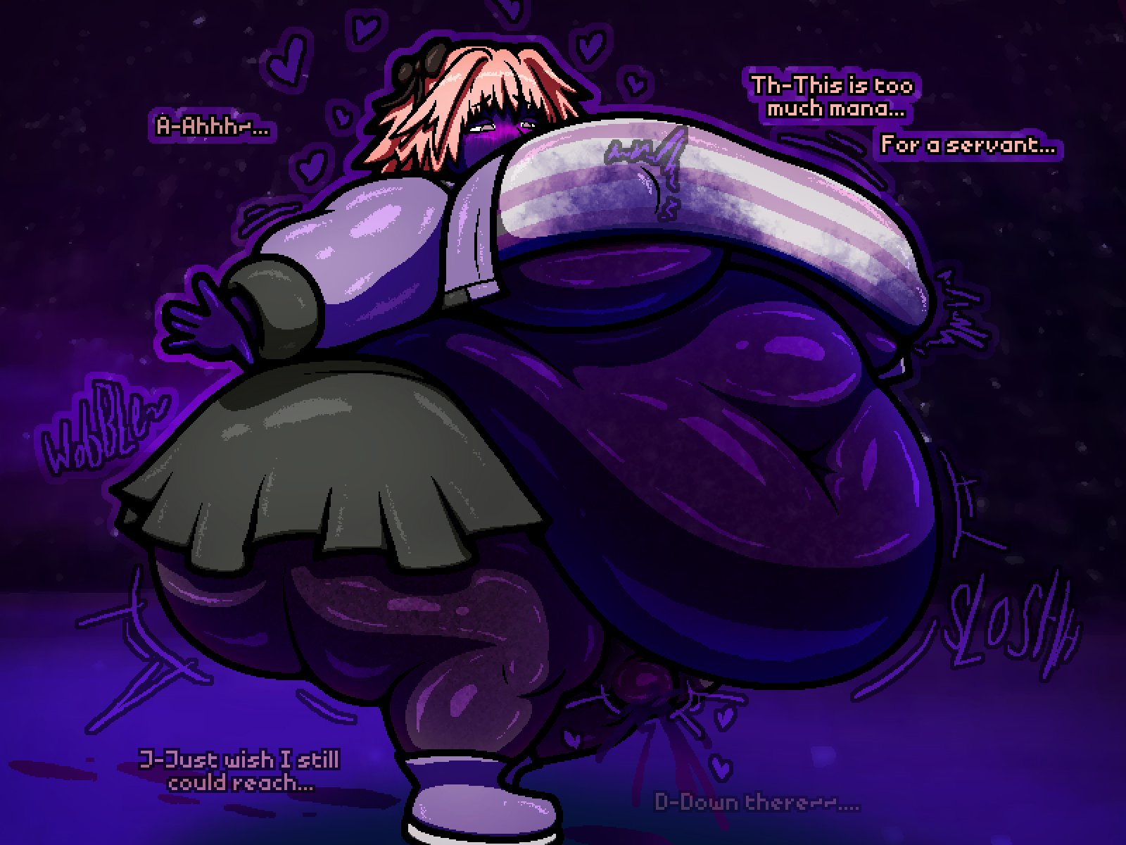 1boy, astolfo (fate), belly, big breasts, big penis, blueberry inflation, breasts, crossdressing, erection, fate/grand order, huge breasts, huge cock, inflation, lactating, lactation, male, moobs, morbidly obese, navel, penis, pink hair, sinflative, skirt, solo, thick thighs, wide hips