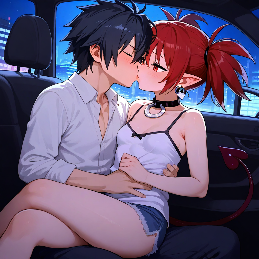 1boy1girl ai_generated black_hair couple disgaea etna fairy_tail gray_fullbuster red_eyes red_hair short_hair